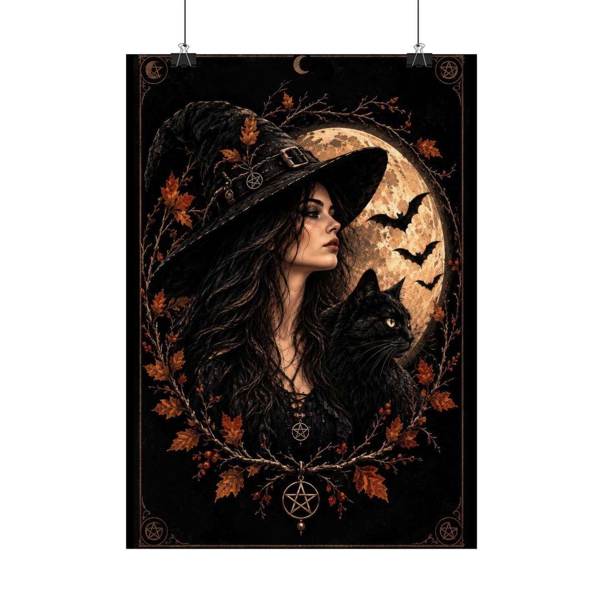 Gothic witch poster with black cat, bats, autumn leaves and full moon