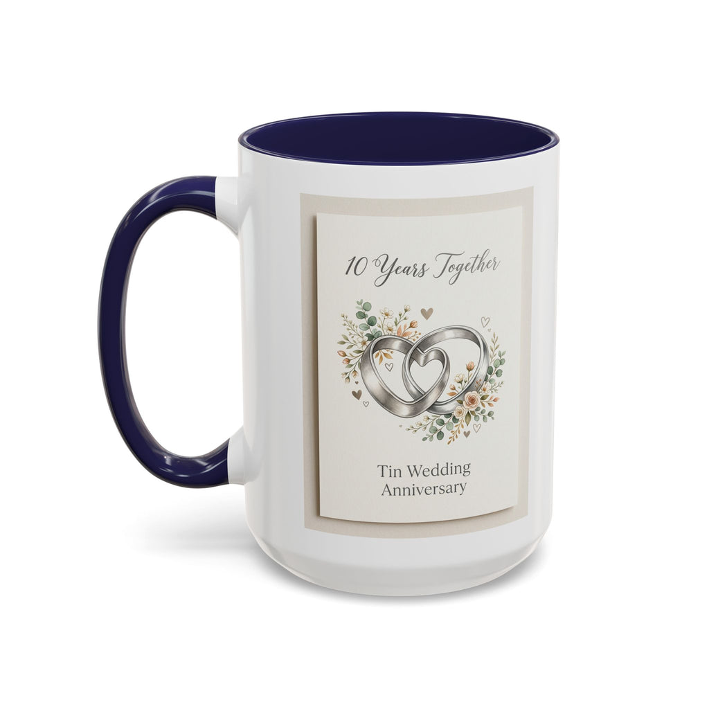 10th Wedding Anniversary Tin Rings Coffee Mug — '10 Years Together' Floral Accent