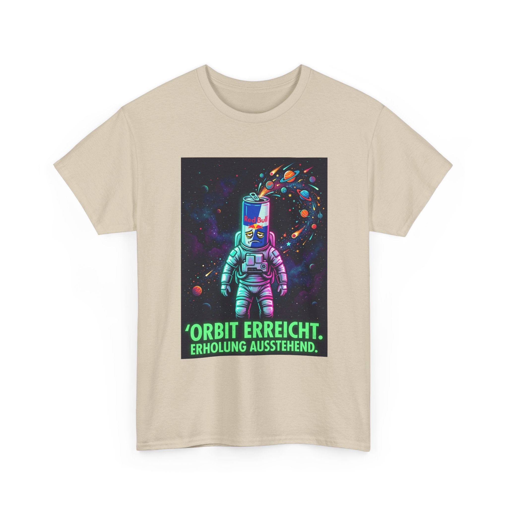 Astronaut Graphic Tee — “Orbit erreicht. Erholung ausstehend.” Neon Space Shirt