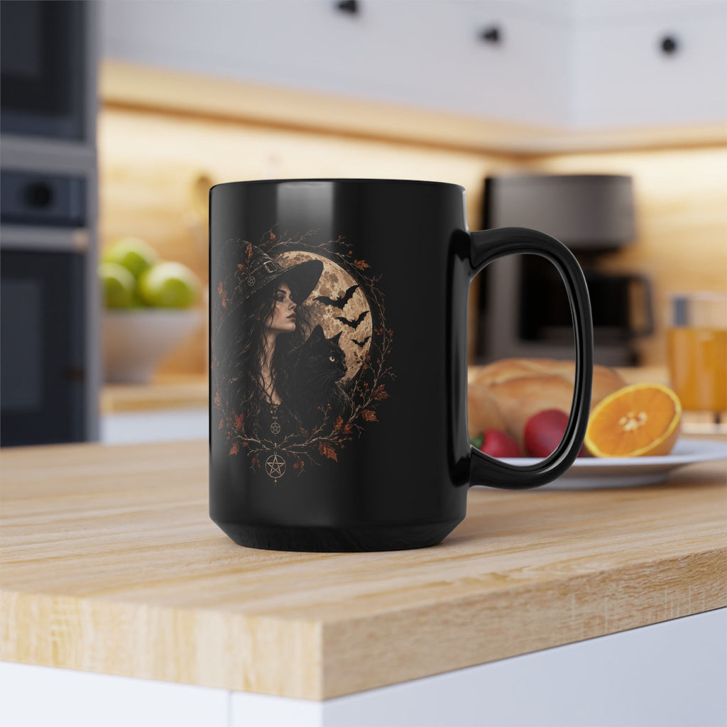 Schwarze Keramiktasse mit Hexenmotiv für Kaffee und Tee
