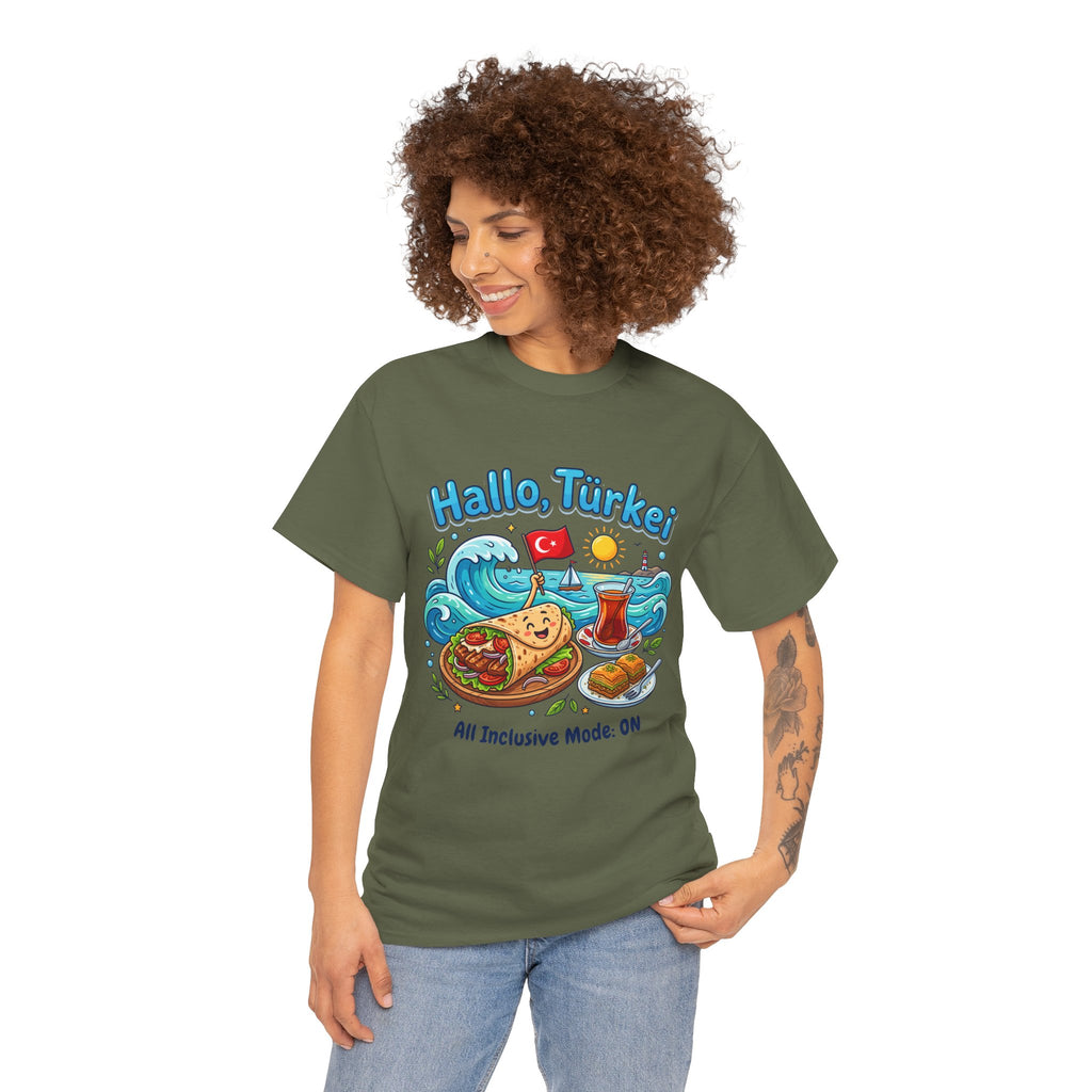 Hallo Türkiye! Turkish Food & Vacation Graphic Tee — "All Inclusive Mode: ON"