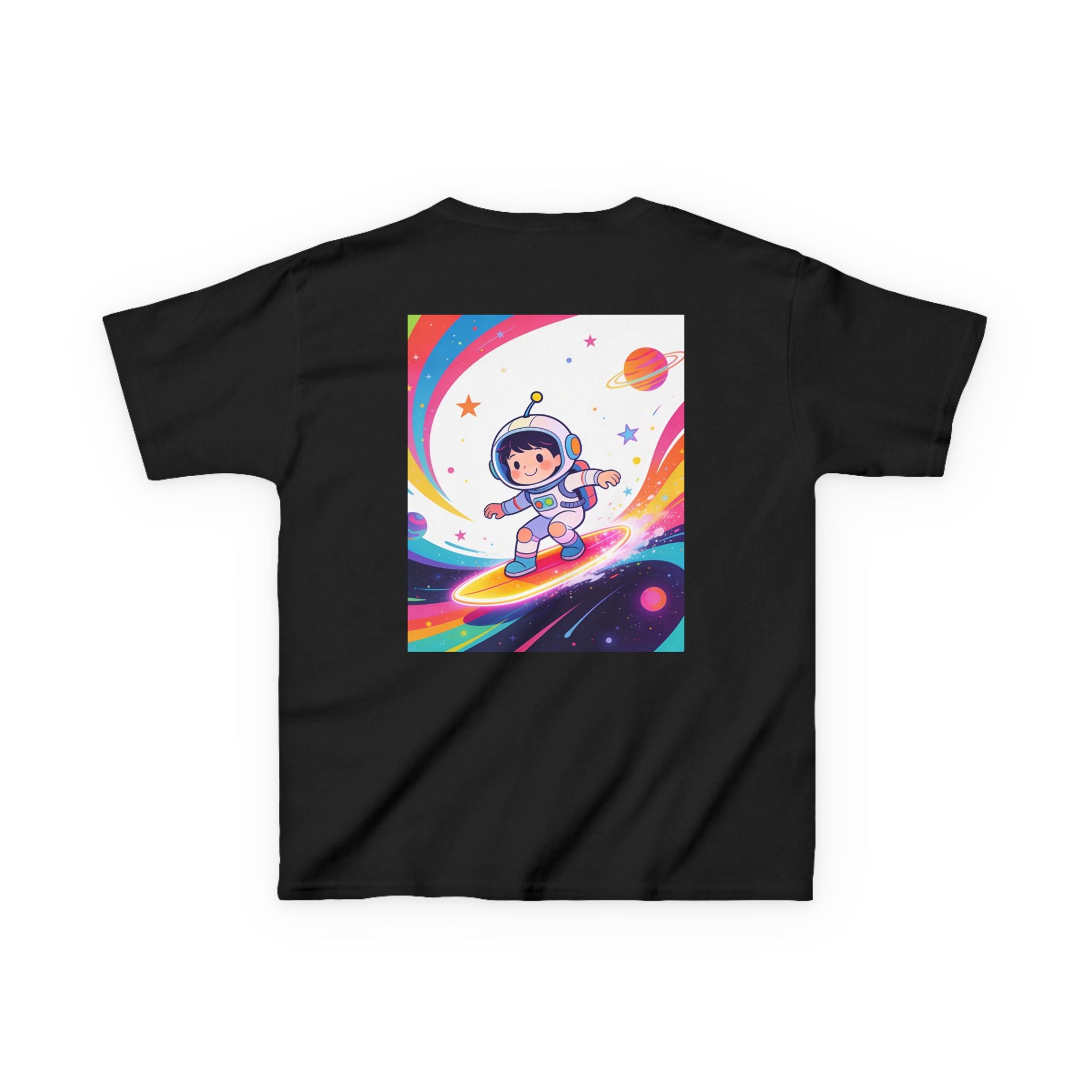 Kids Tee — Rainbow Space Surfing Astronaut Graphic