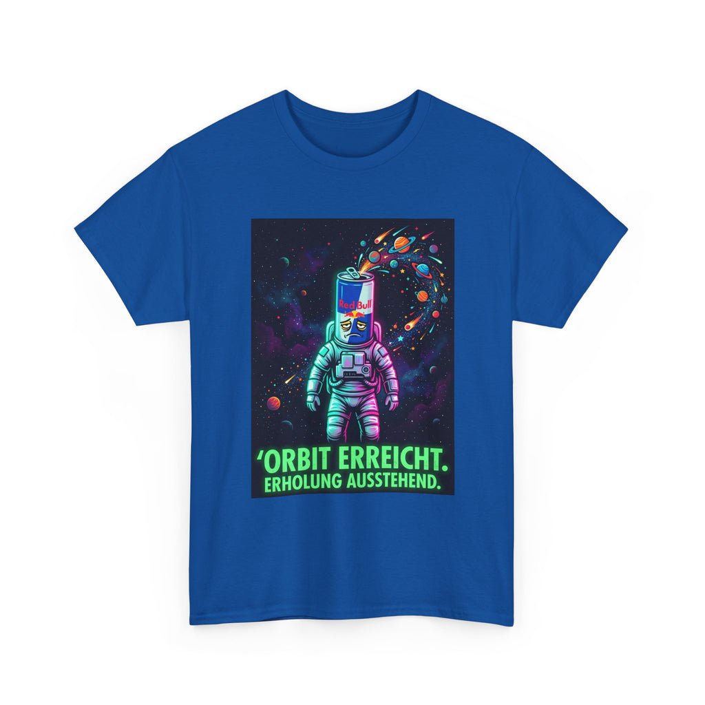 Astronaut Graphic Tee — “Orbit erreicht. Erholung ausstehend.” Neon Space Shirt