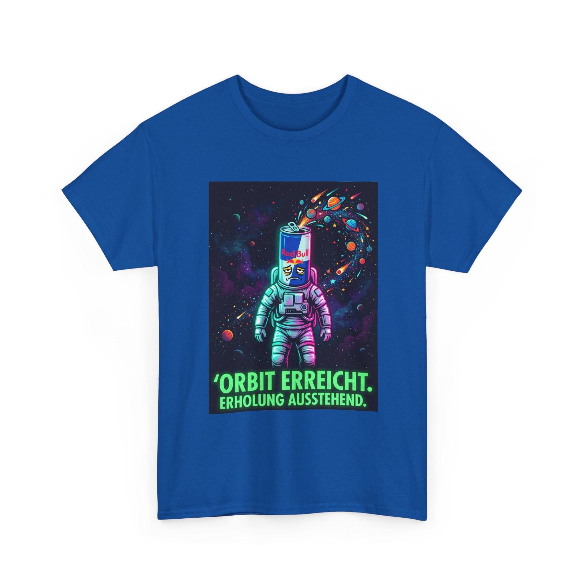 Astronaut Graphic Tee — “Orbit erreicht. Erholung ausstehend.” Neon Space Shirt