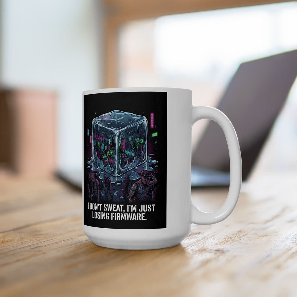 Cyberpunk Ice Cube Mug – "I don't sweat, I'm just losing firmware" Neon City Ceramic Coffee Cup (11oz/15oz)