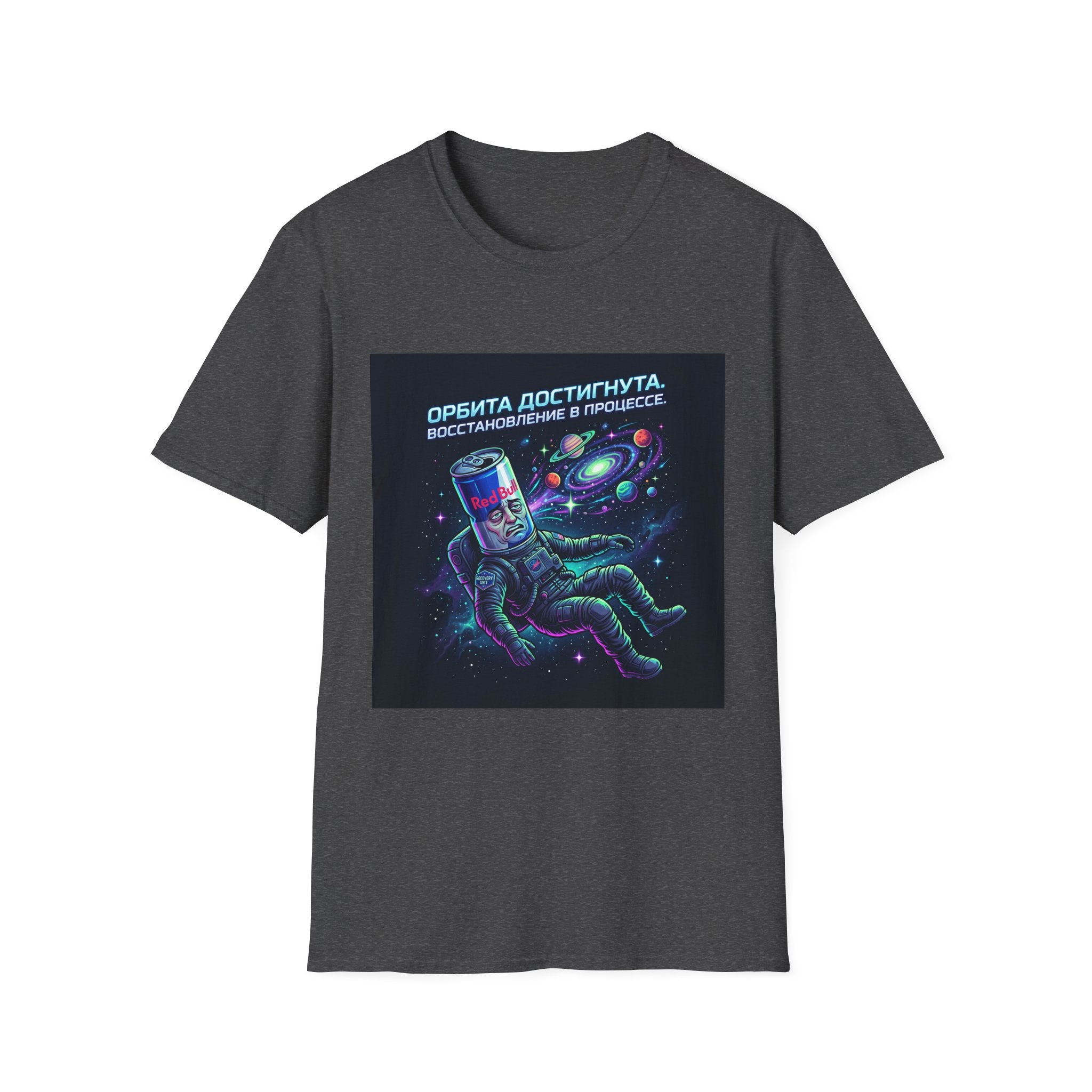 Orbital Reset T-Shirt — "Орбита достигнута. Восстановление в процессе." Cosmic Energy Drink Tee