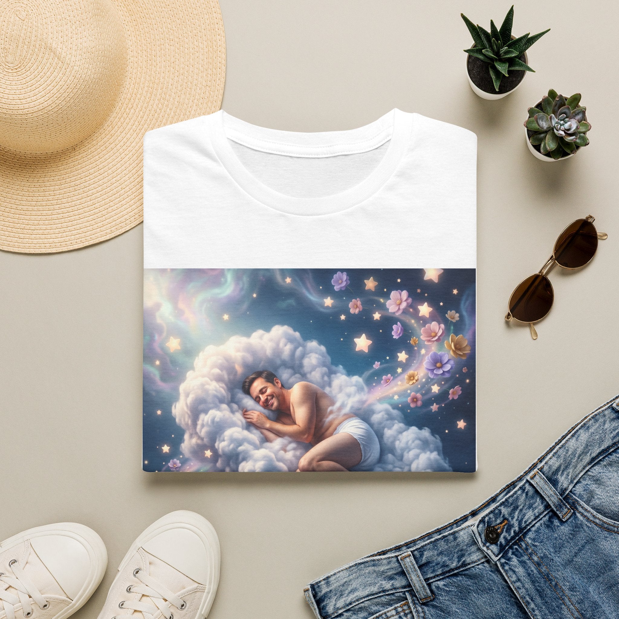 Dreamy Sleeping Angel T-Shirt — 'I Feel Like a Newborn' Cloud Art Tee
