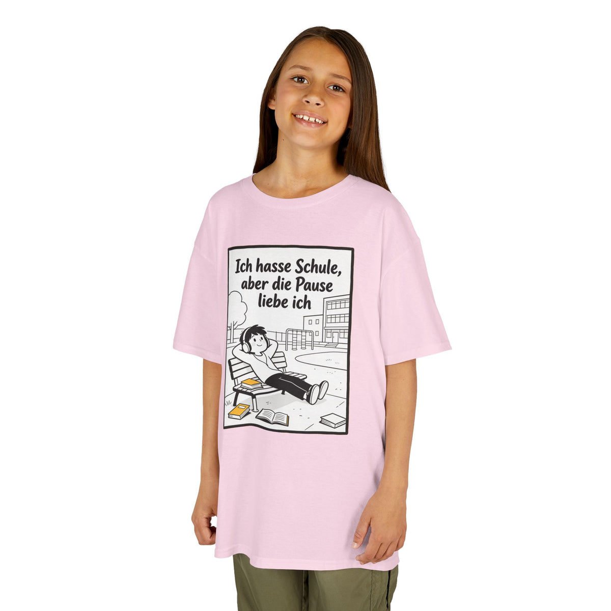 Kinder-T-Shirt – „Ich hasse Schule, aber die Pause liebe ich“ Cartoon-Schulpausen-Shirt