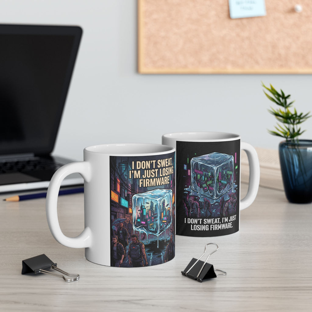 Cyberpunk Ice Cube Mug – "I don't sweat, I'm just losing firmware" Neon City Ceramic Coffee Cup (11oz/15oz)