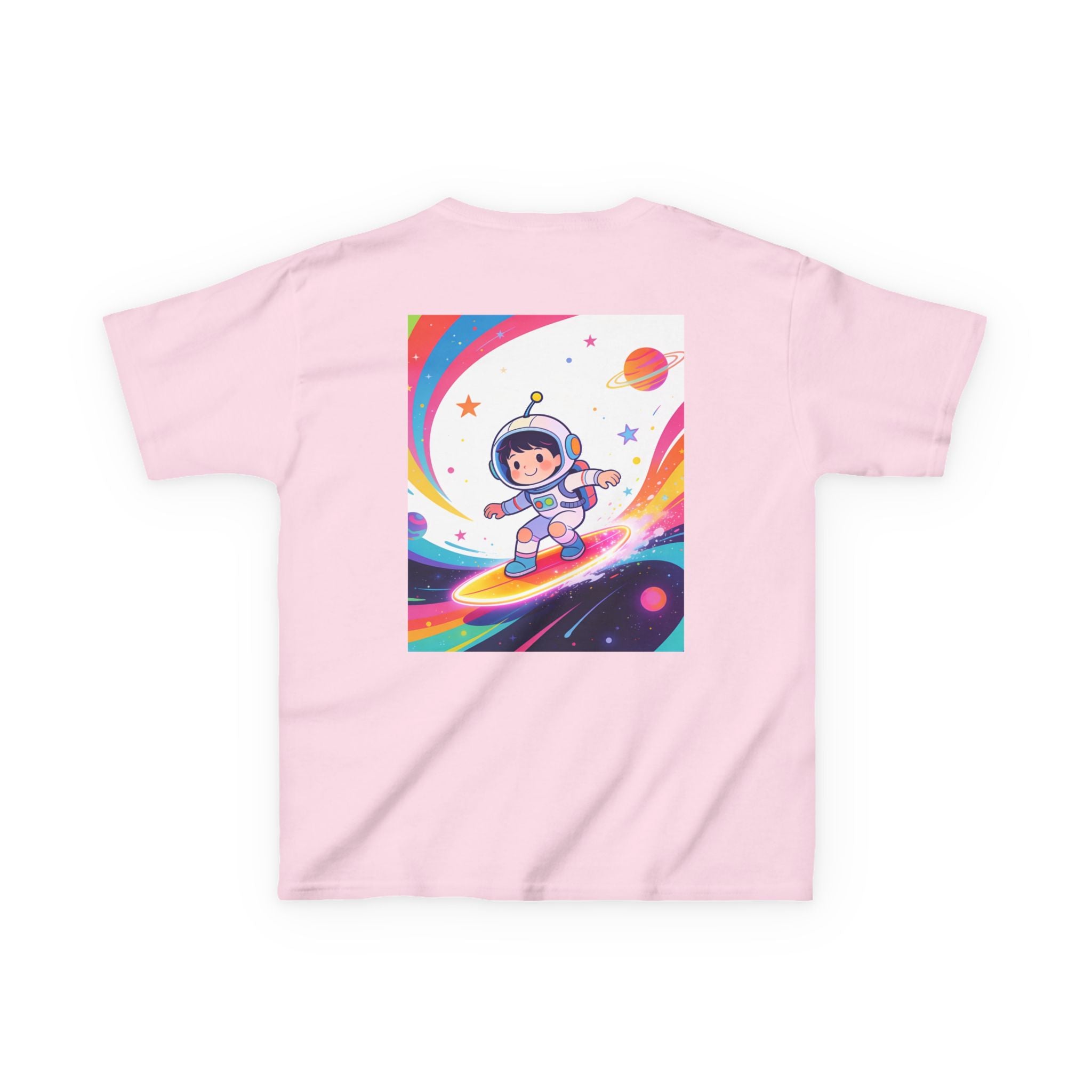 Kids Tee — Rainbow Space Surfing Astronaut Graphic