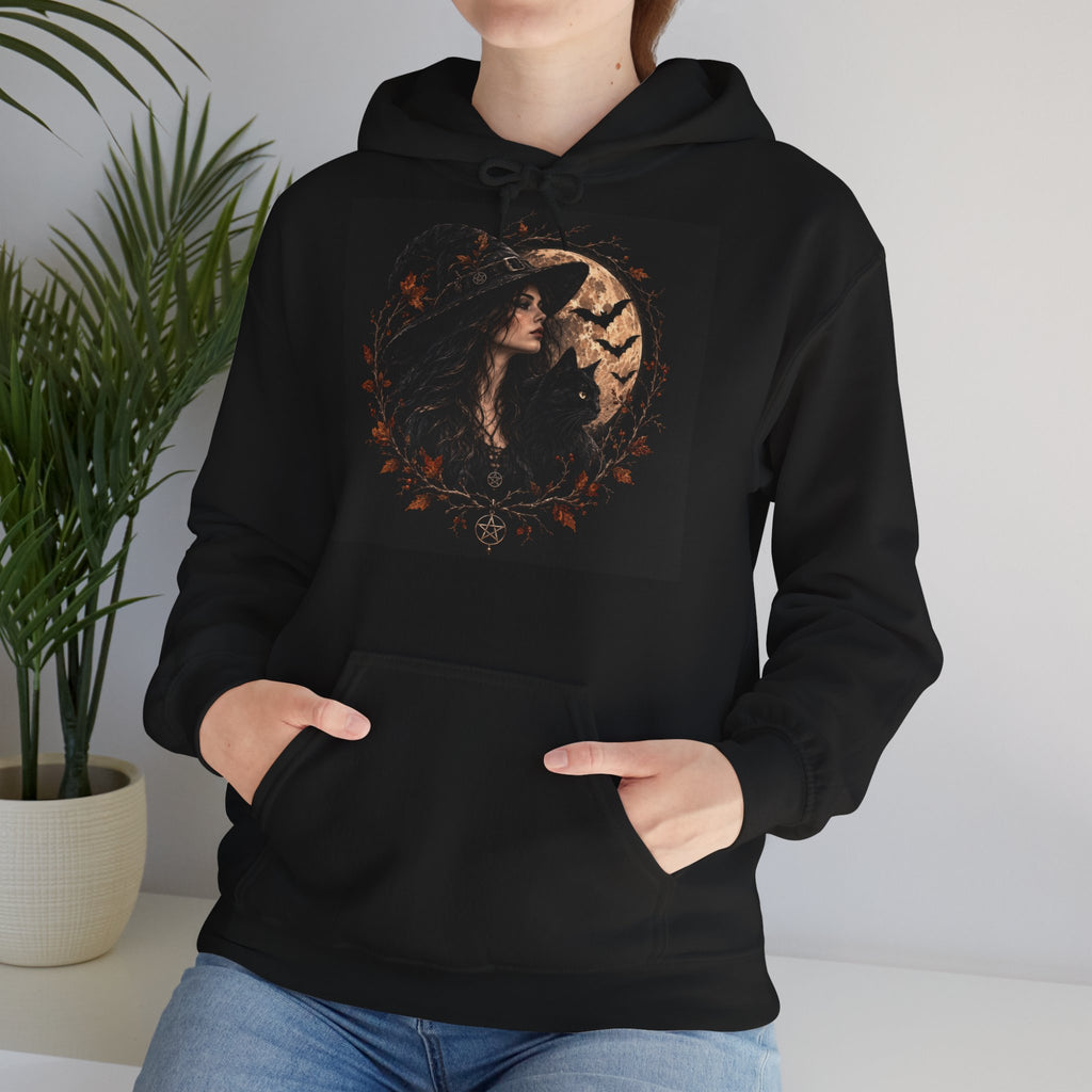 Halloween witch hoodie with vintage-inspired moon and autumn artwork