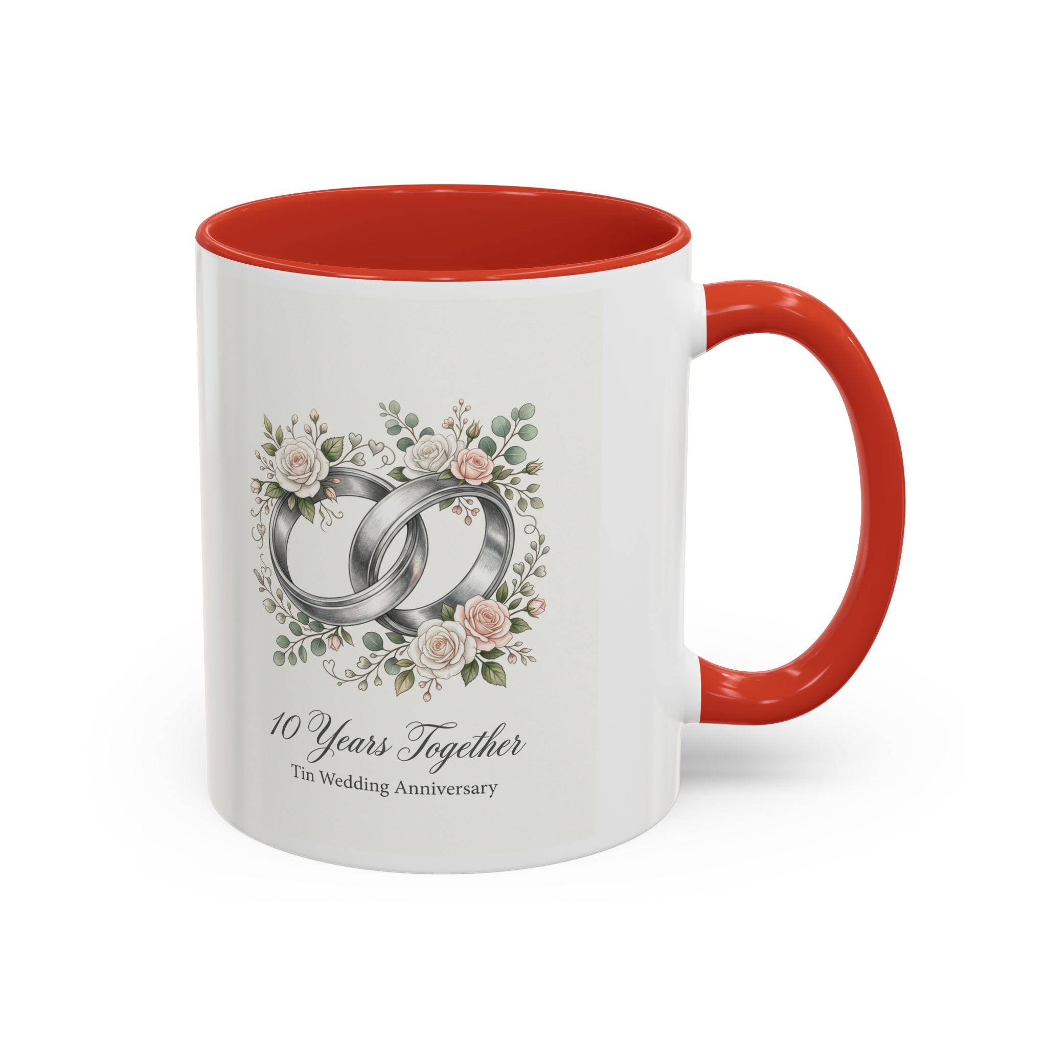 10th Wedding Anniversary Tin Rings Coffee Mug — '10 Years Together' Floral Accent