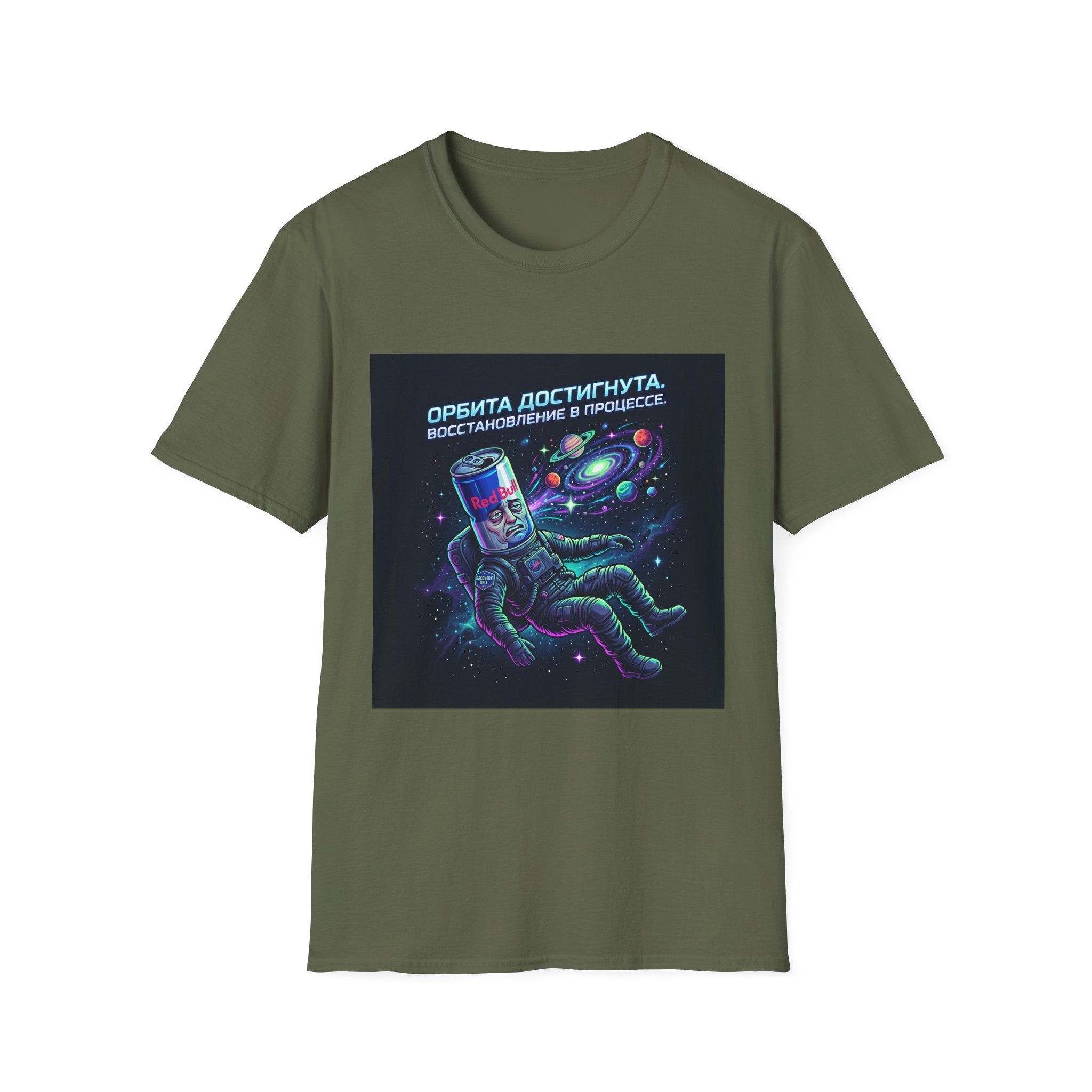 Orbital Reset T-Shirt — "Орбита достигнута. Восстановление в процессе." Cosmic Energy Drink Tee