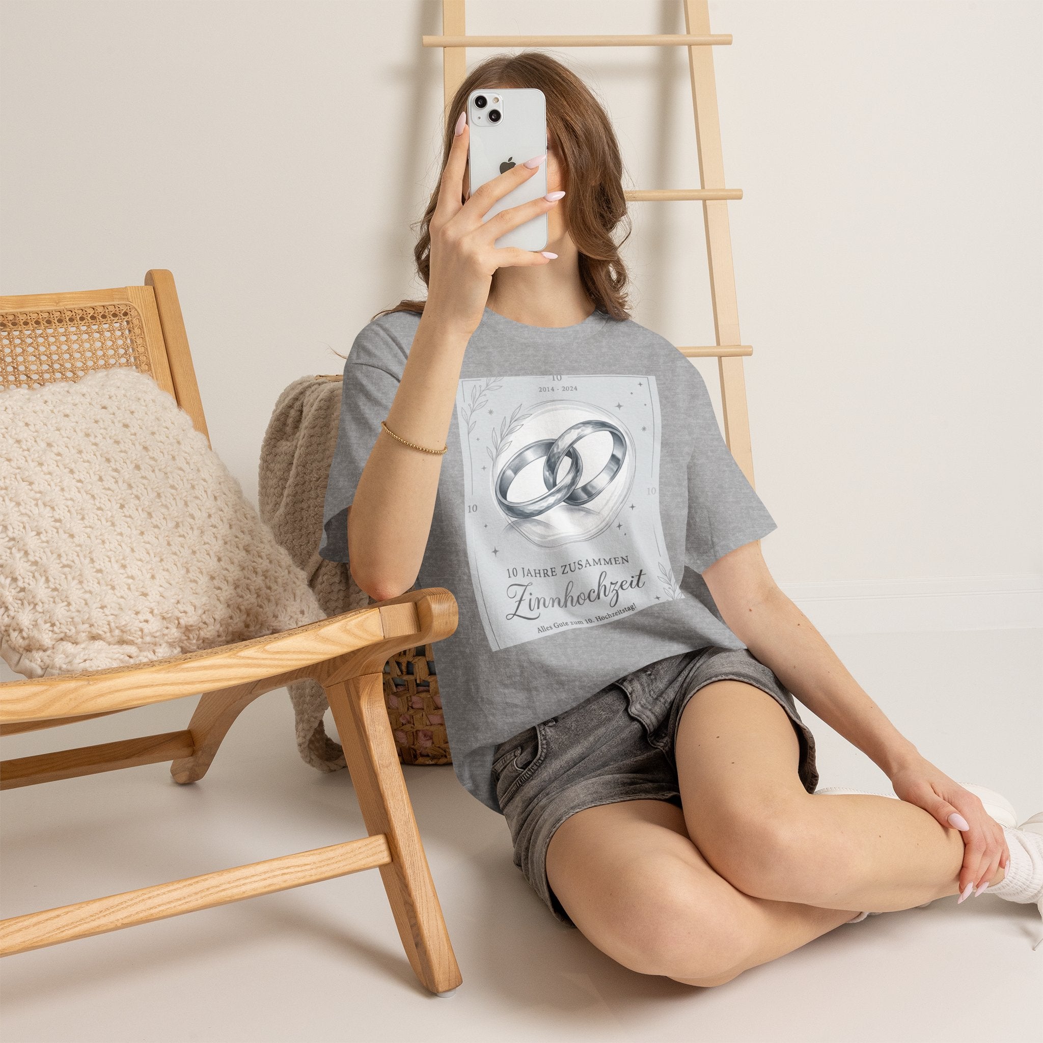 Zinnhochzeit 10 Years Anniversary T‑Shirt — Silver Rings 10 Jahre Zusammen Tee