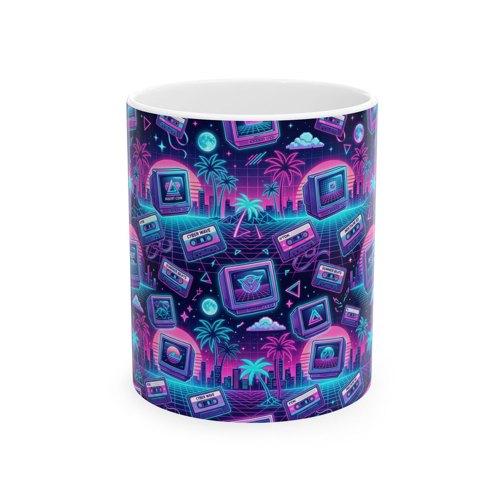 Retro Vaporwave Mug — Neon 80s Cassette & Palm Tree Ceramic Coffee Cup (11oz/15oz)