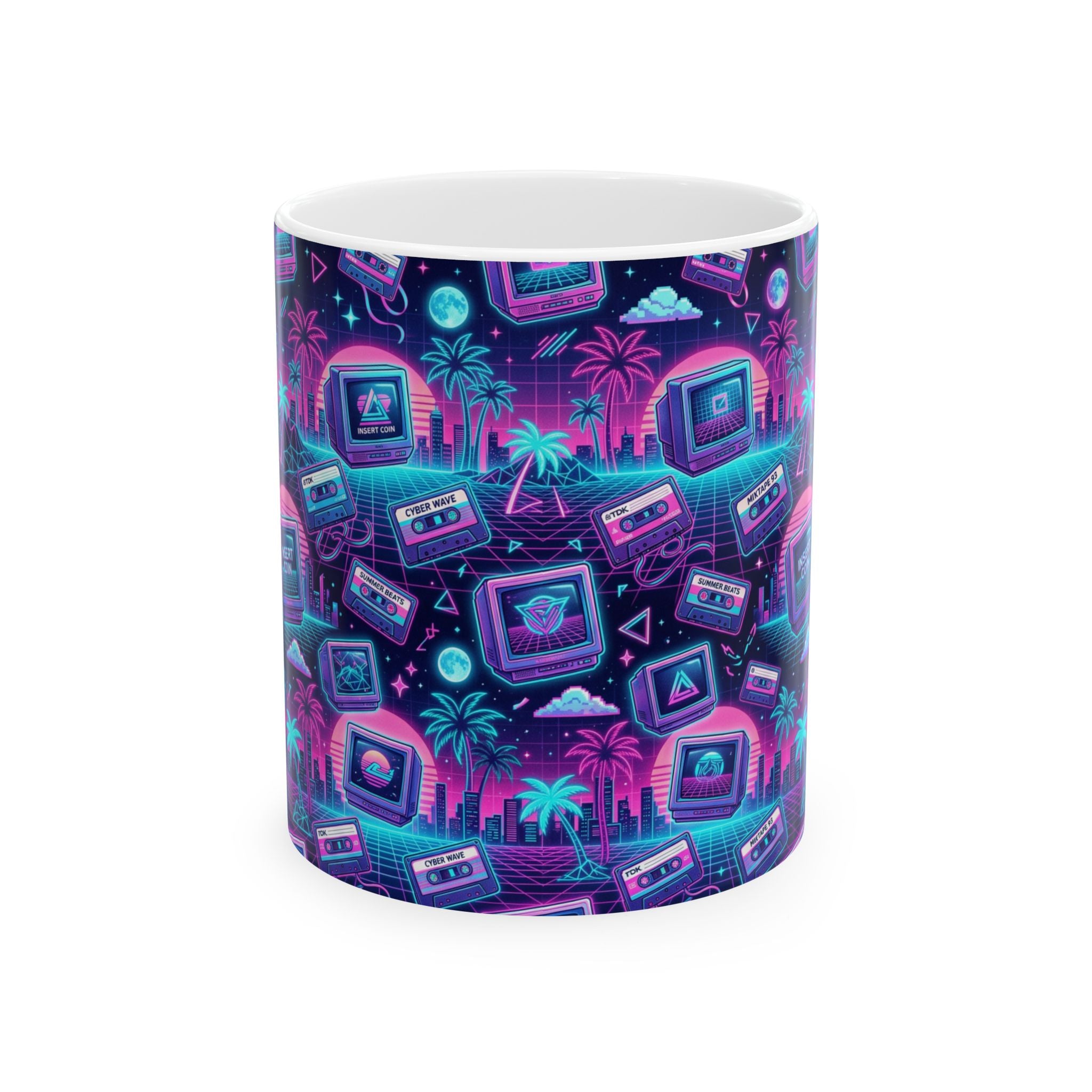 Retro Vaporwave Mug — Neon 80s Cassette & Palm Tree Ceramic Coffee Cup (11oz/15oz)