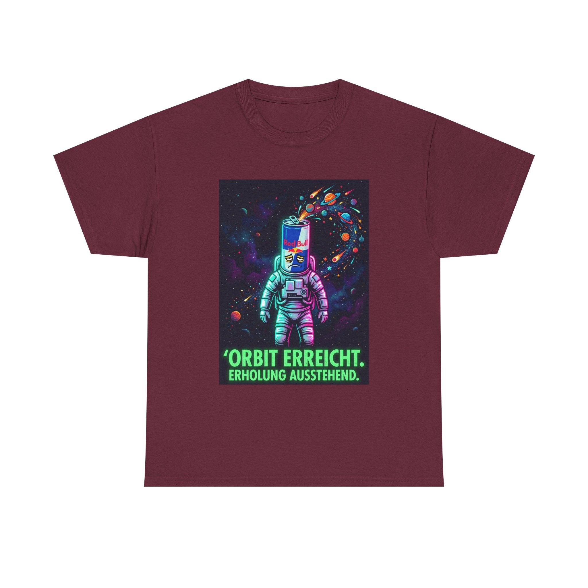 Astronaut Graphic Tee — “Orbit erreicht. Erholung ausstehend.” Neon Space Shirt