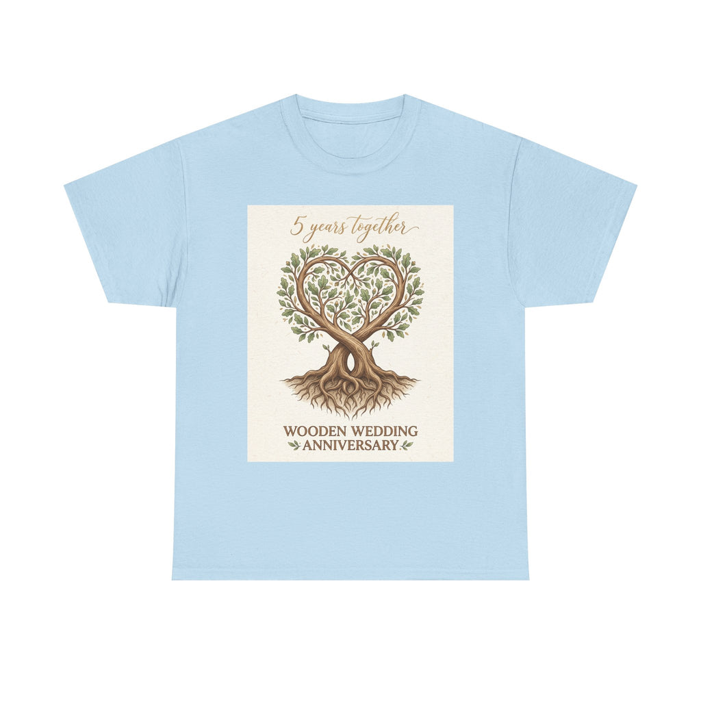 Wooden Wedding Anniversary Tee — "5 Years Together" Tree Heart Design