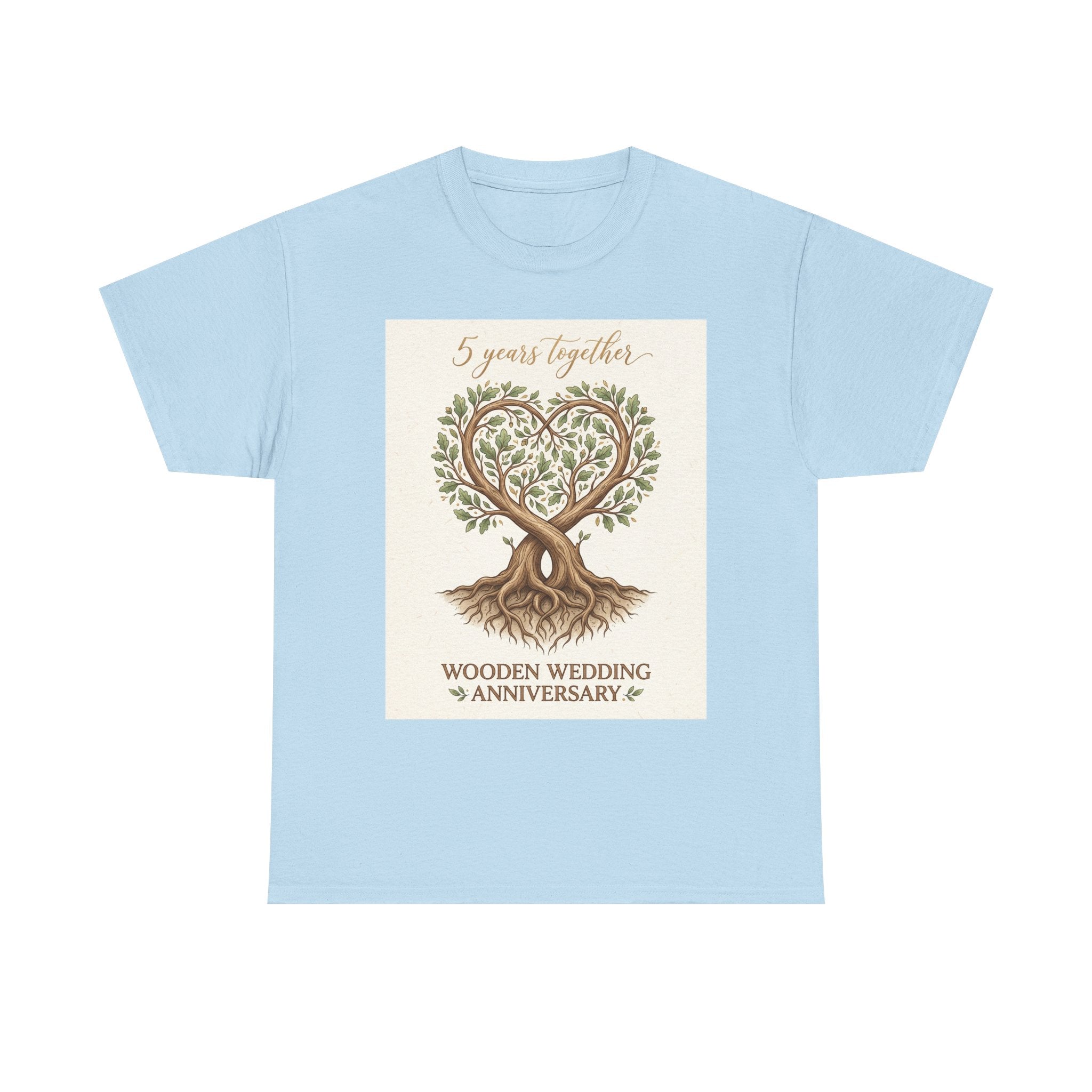 Wooden Wedding Anniversary Tee — "5 Years Together" Tree Heart Design