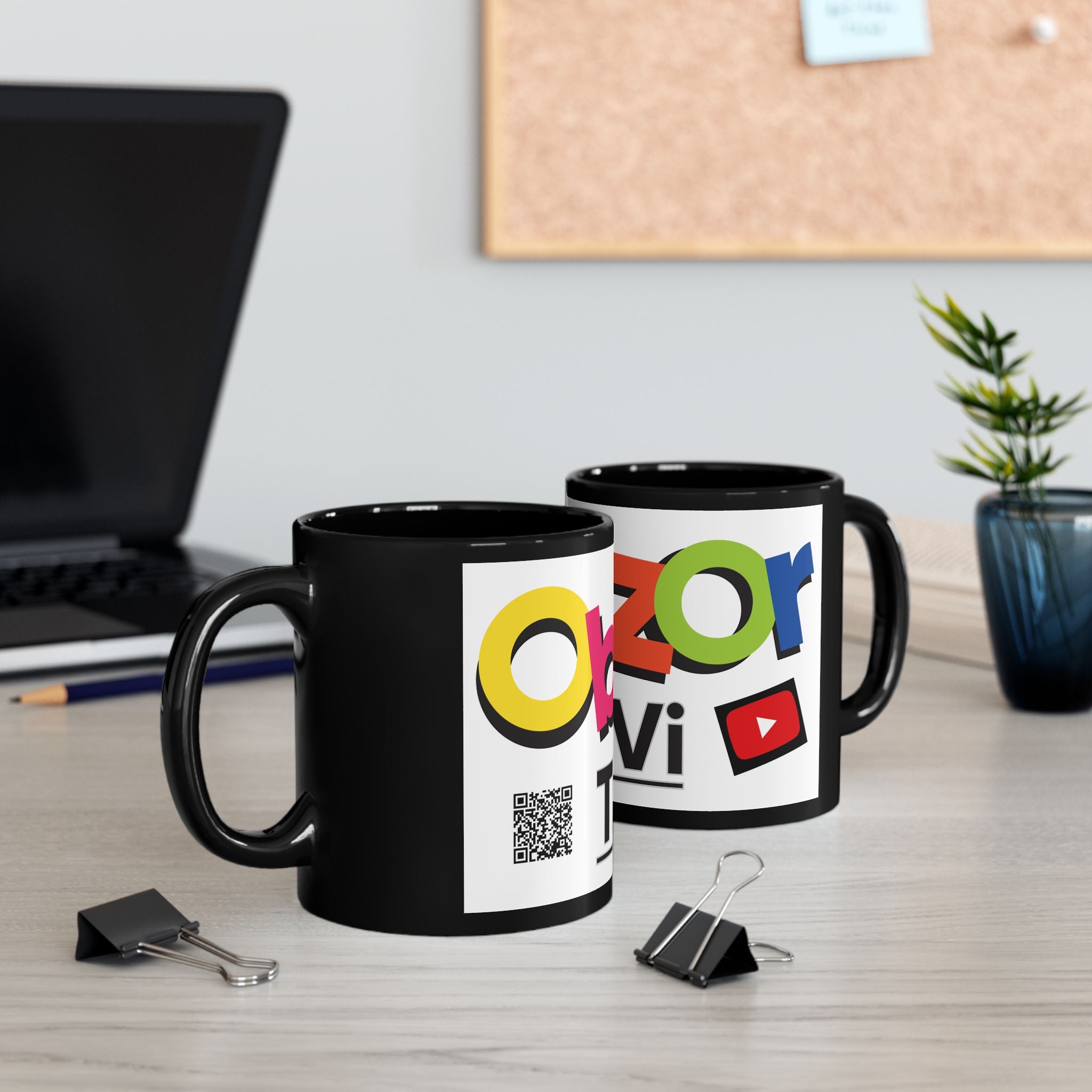 Colorful Logo Black Mug — Bold Branded Obzor TiVi Coffee Cup (11oz, 15oz)