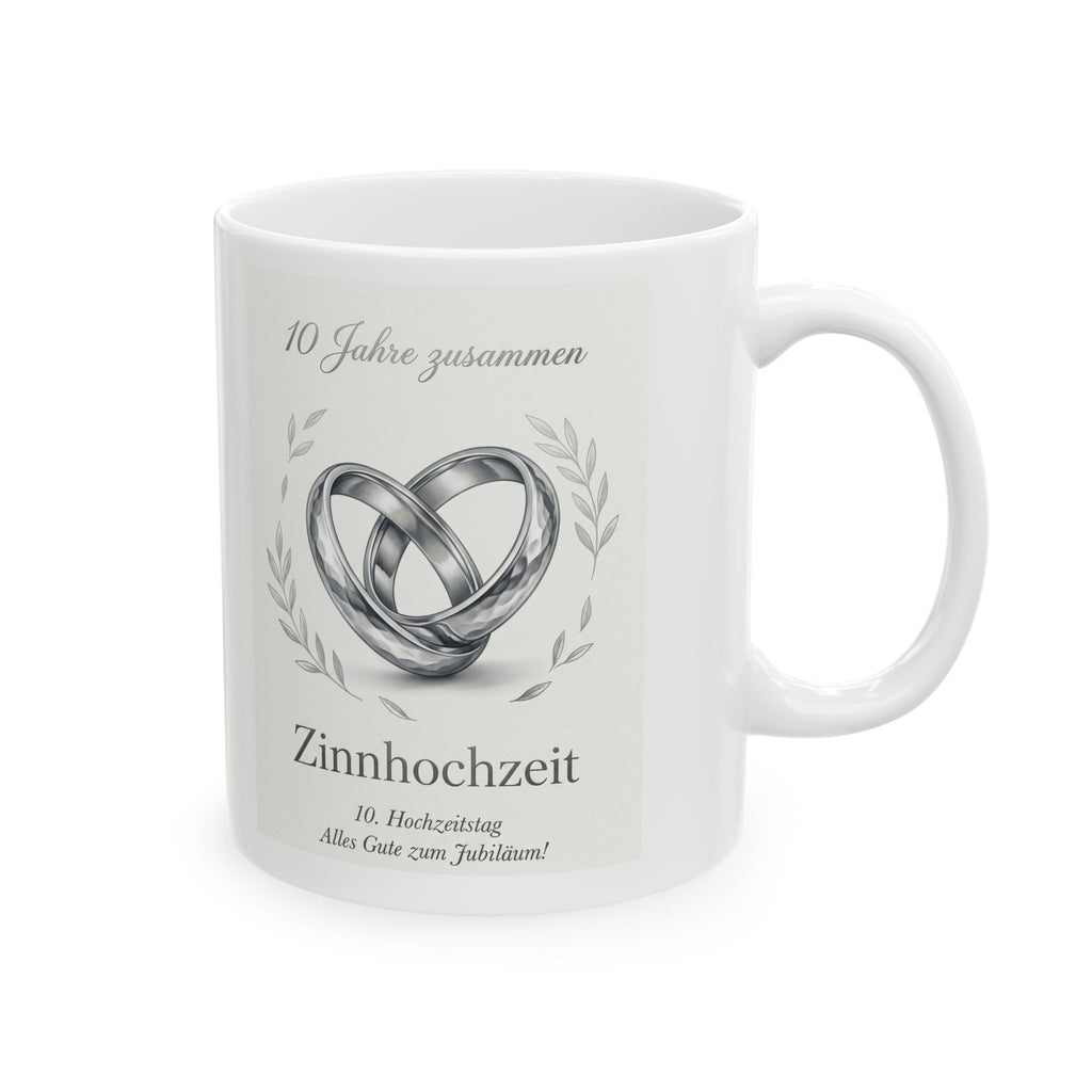 Inspirational Heart Ceramic Mug — 'Zinnhochzeit - 10 Jahre zusammen' Memorial Coffee Cup (11oz & 15oz)