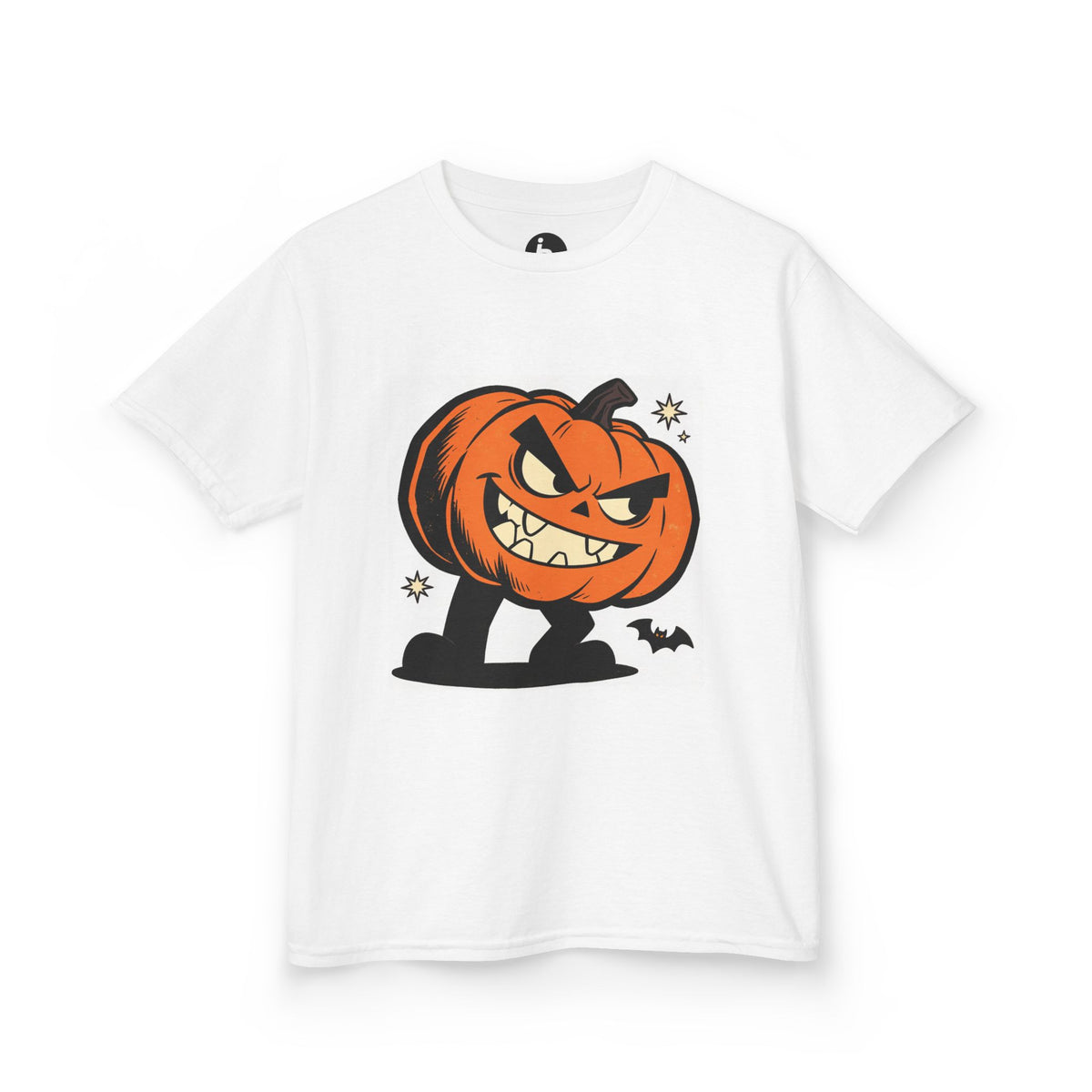 Kids Halloween pumpkin T-shirt mockup showing the playful jack-o’-lantern graphic