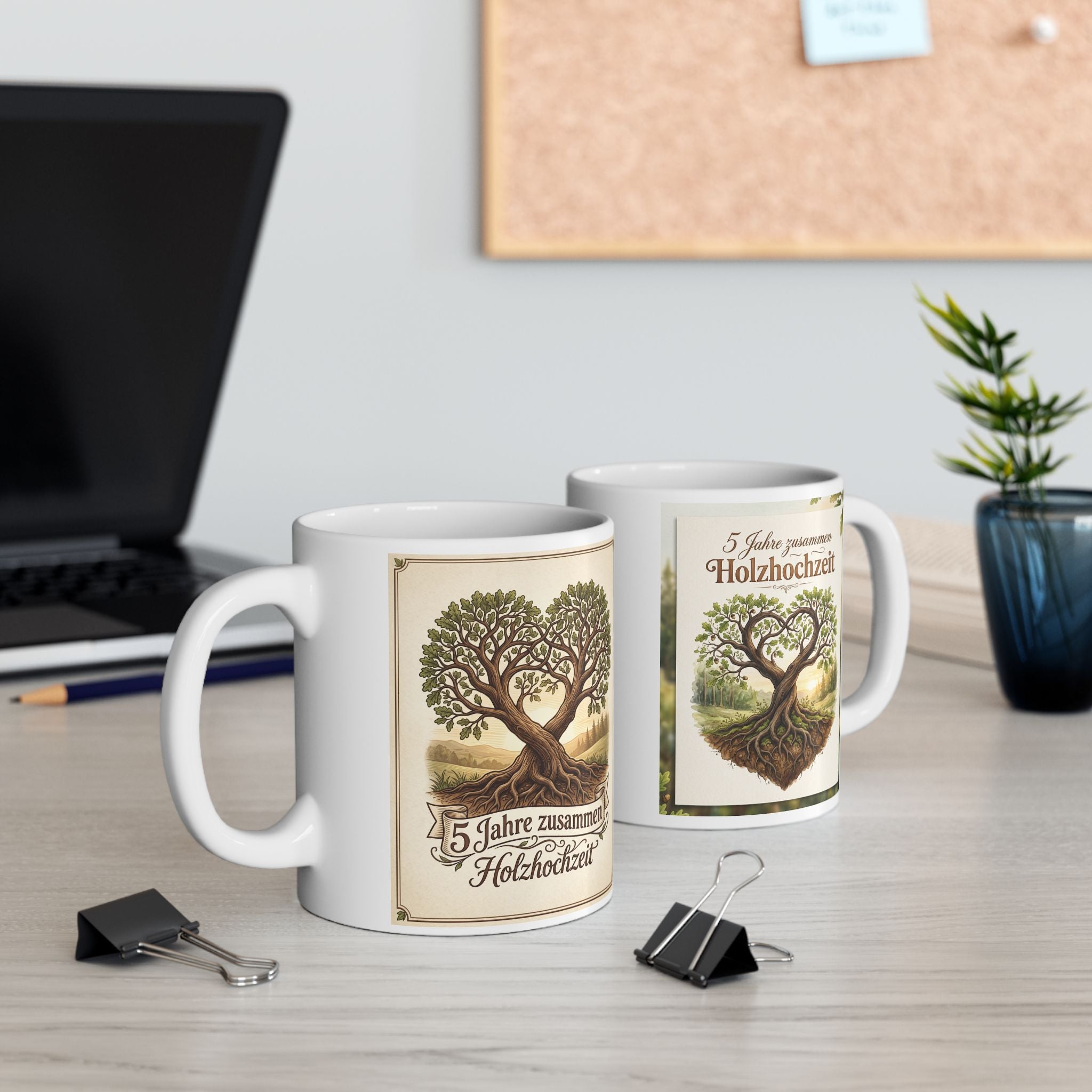 Vintage Family Tree Ceramic Mug – "5 Jahre zusammen - Holzhochzeit" Rustic 11oz/15oz, German