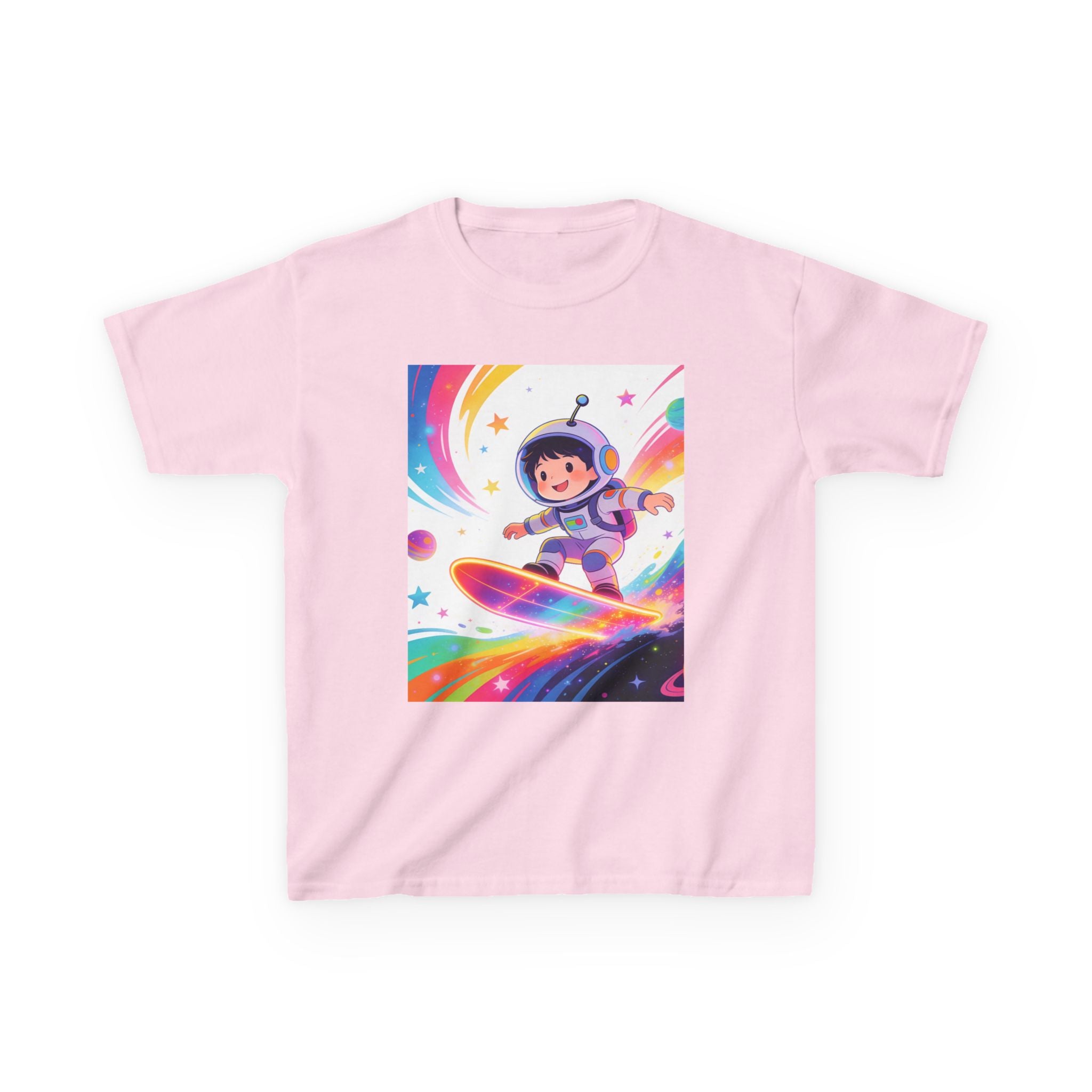Kids Tee — Rainbow Space Surfing Astronaut Graphic