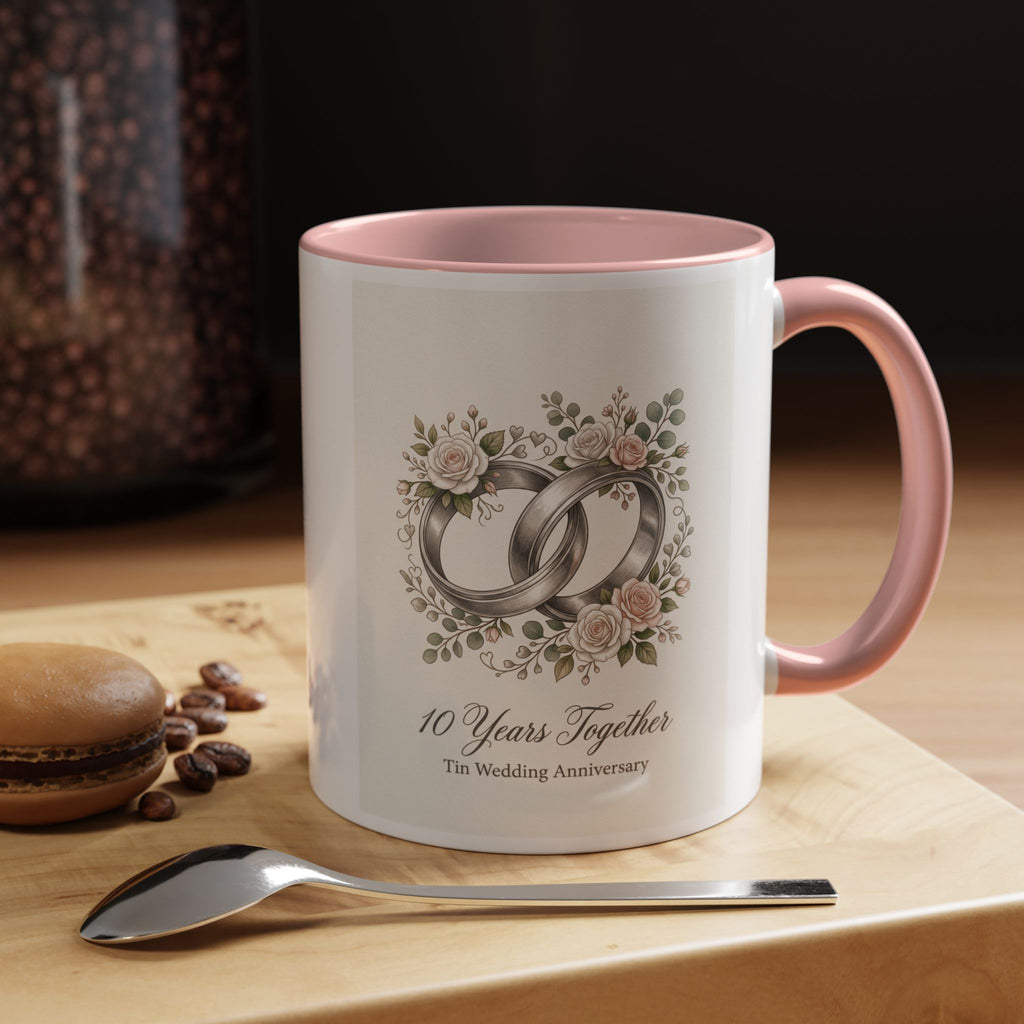 10th Wedding Anniversary Tin Rings Coffee Mug — '10 Years Together' Floral Accent