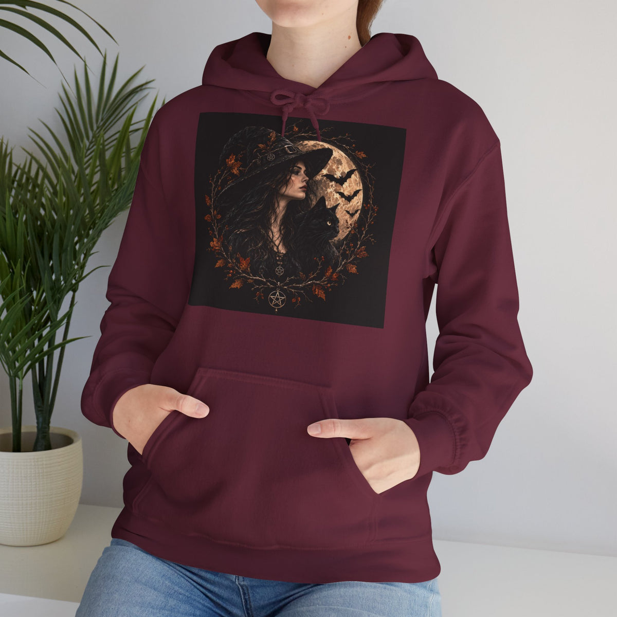 Gothic Halloween pullover with witch and black cat moon design