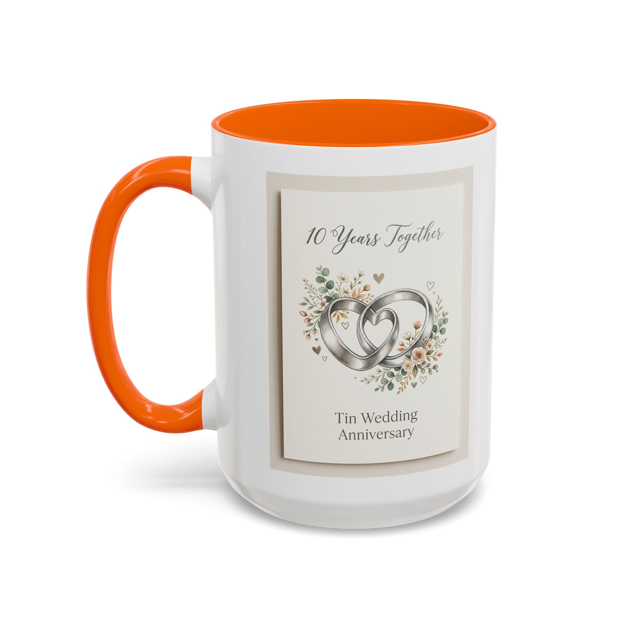 10th Wedding Anniversary Tin Rings Coffee Mug — '10 Years Together' Floral Accent