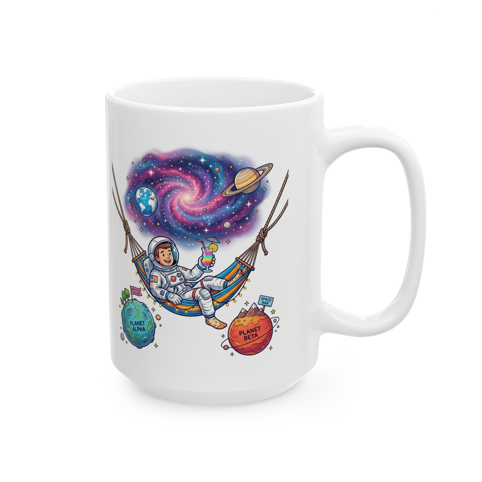 Space Witch Ceramic Mug – Colorful Cosmic Planets Illustration (11oz & 15oz)