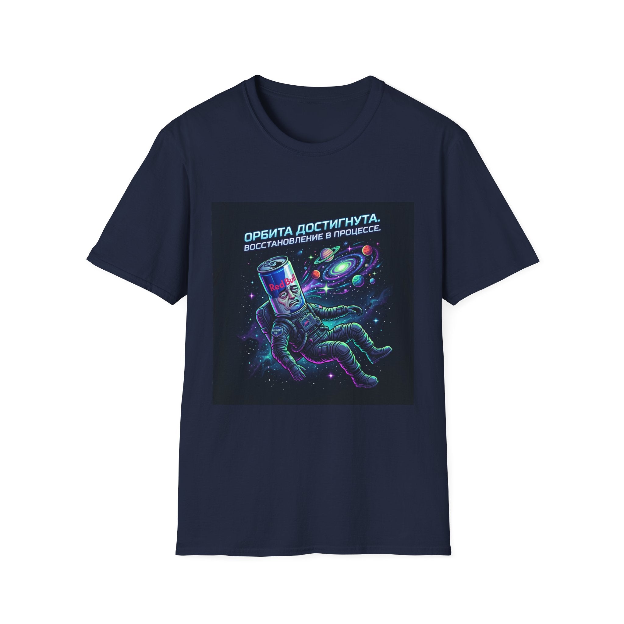 Orbital Reset T-Shirt — "Орбита достигнута. Восстановление в процессе." Cosmic Energy Drink Tee