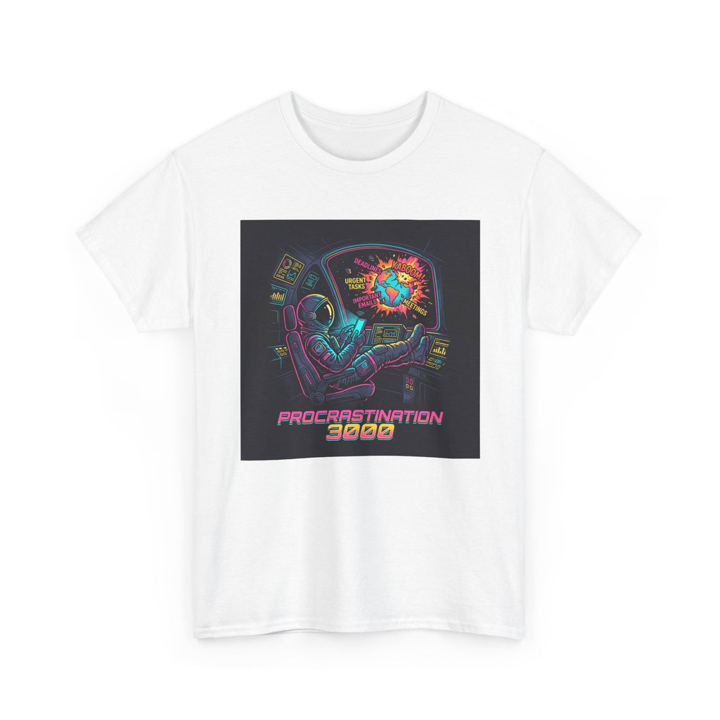 Procrastination 3000 Tee — Retro Futuristic Space Humor T-Shirt