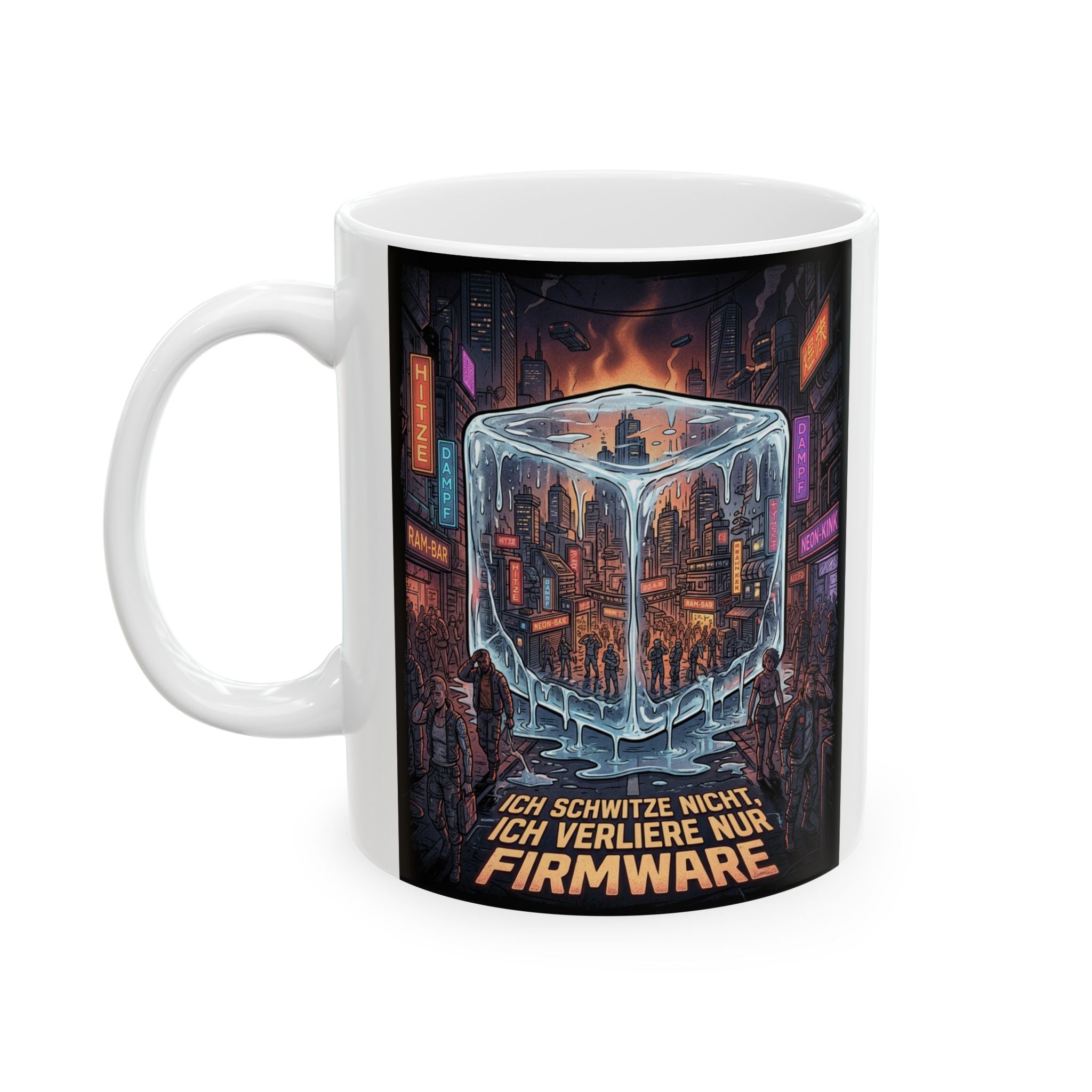 Cyberpunk Street Scene Ceramic Mug — Neon Night Coffee Cup with German Text