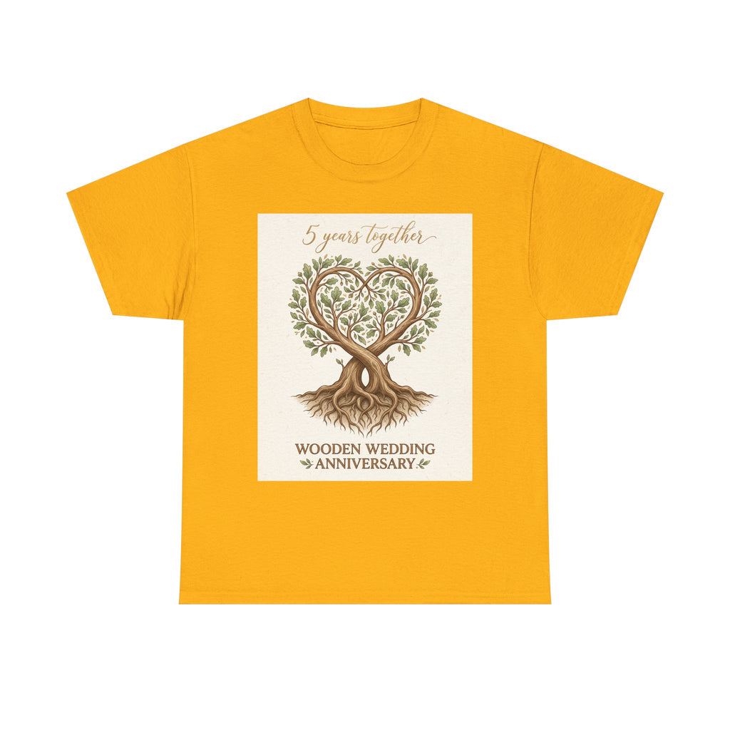 Wooden Wedding Anniversary Tee — "5 Years Together" Tree Heart Design