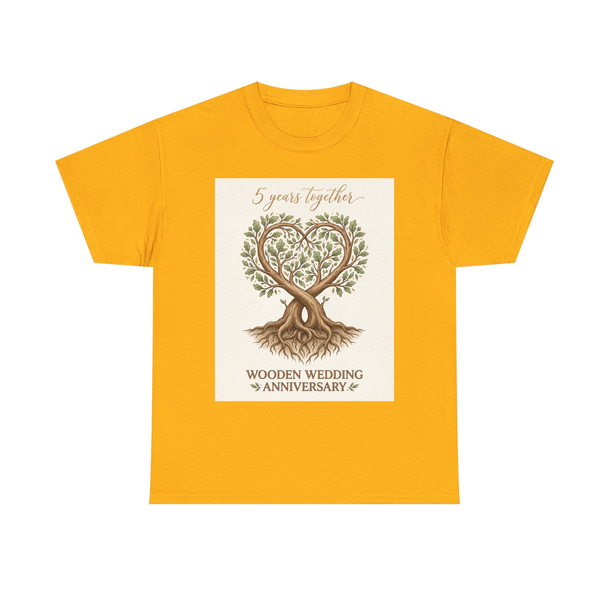 Wooden Wedding Anniversary Tee — "5 Years Together" Tree Heart Design