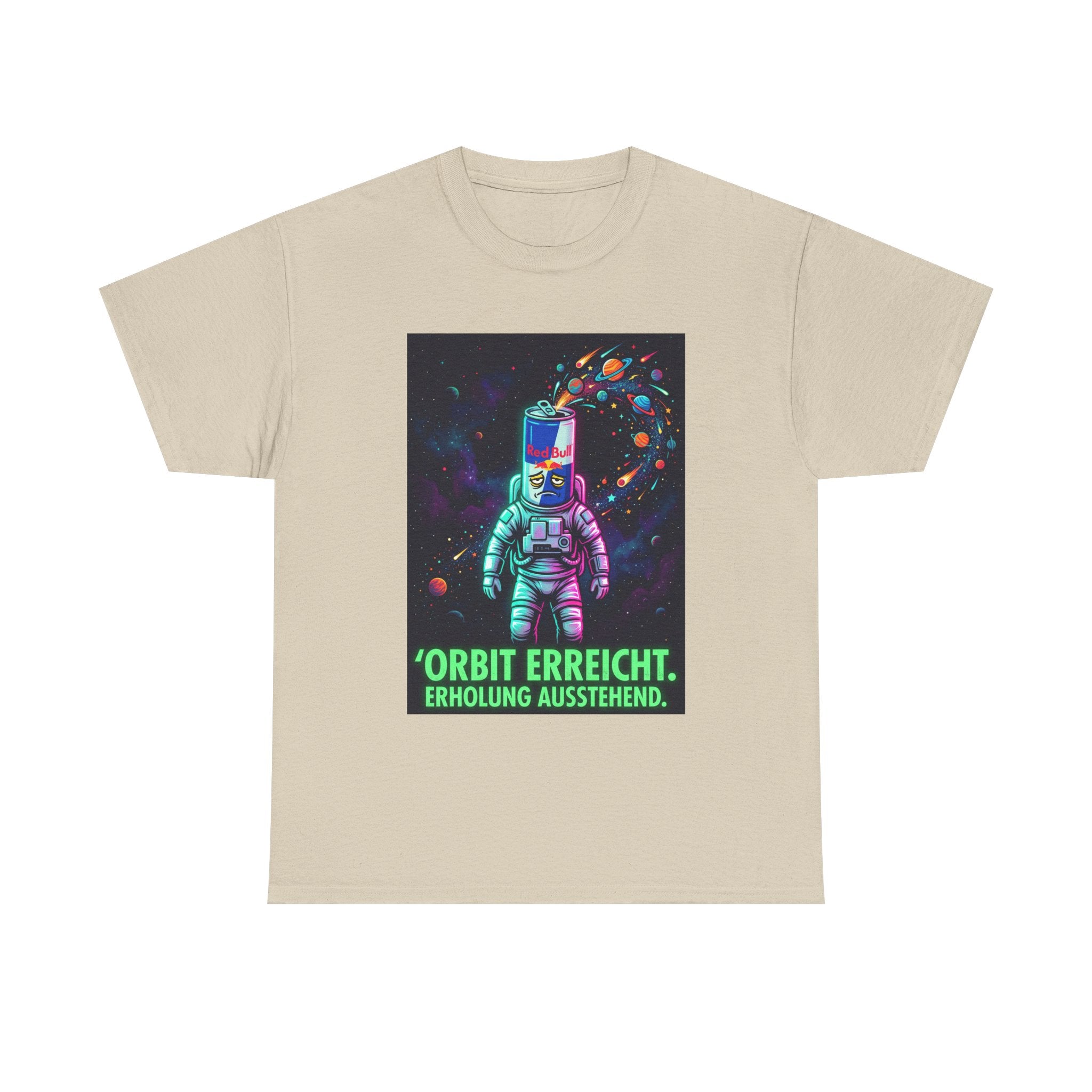 Astronaut Graphic Tee — “Orbit erreicht. Erholung ausstehend.” Neon Space Shirt
