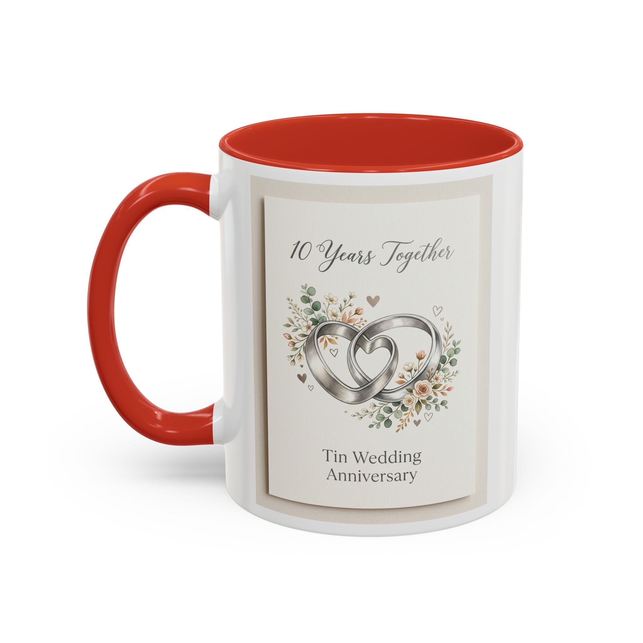 10th Wedding Anniversary Tin Rings Coffee Mug — '10 Years Together' Floral Accent