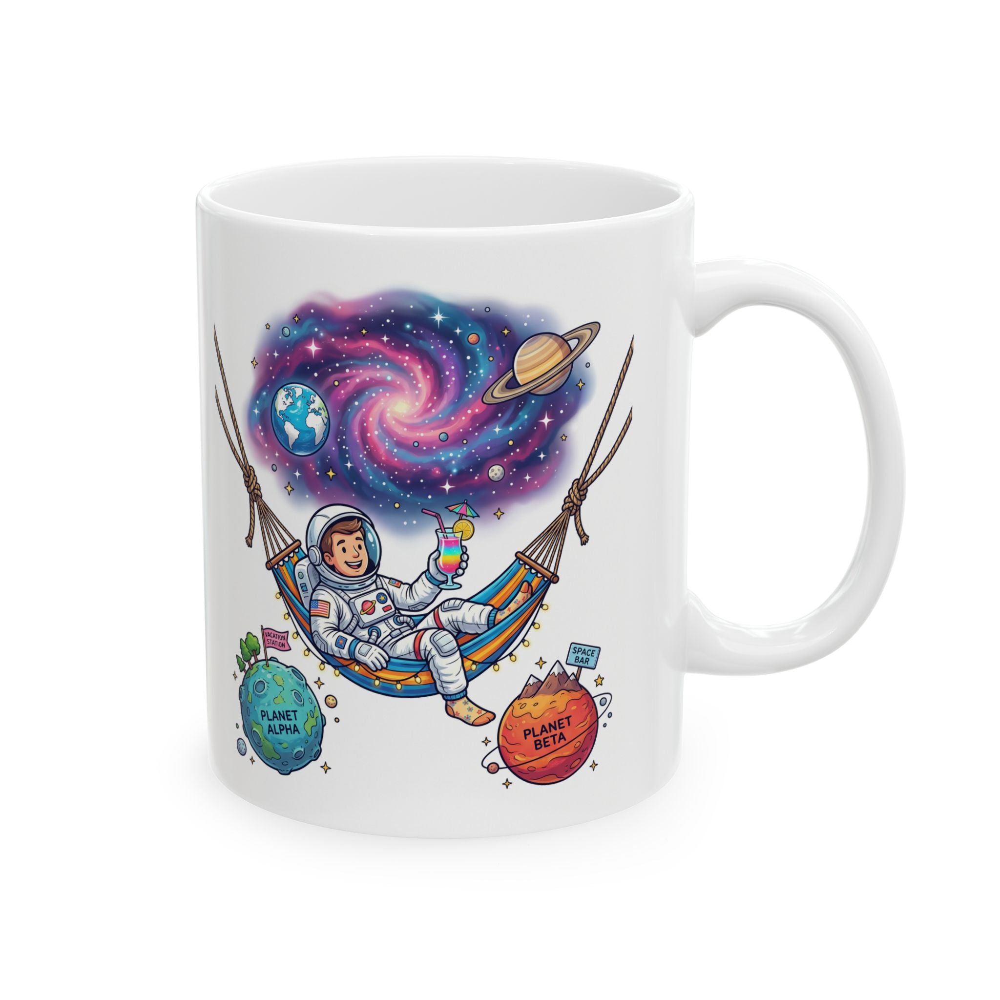 Space Witch Ceramic Mug – Colorful Cosmic Planets Illustration (11oz & 15oz)