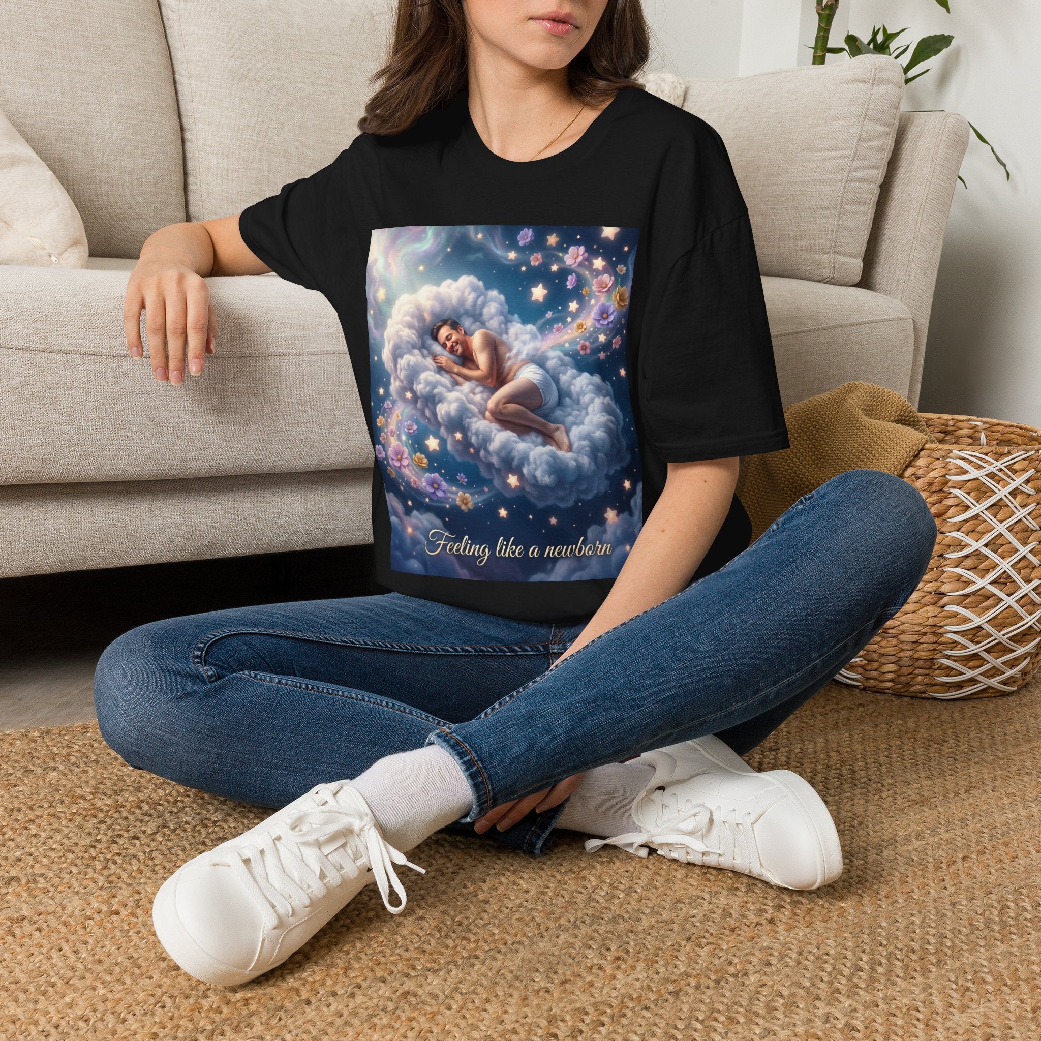 Dreamy Sleeping Angel T-Shirt — 'I Feel Like a Newborn' Cloud Art Tee