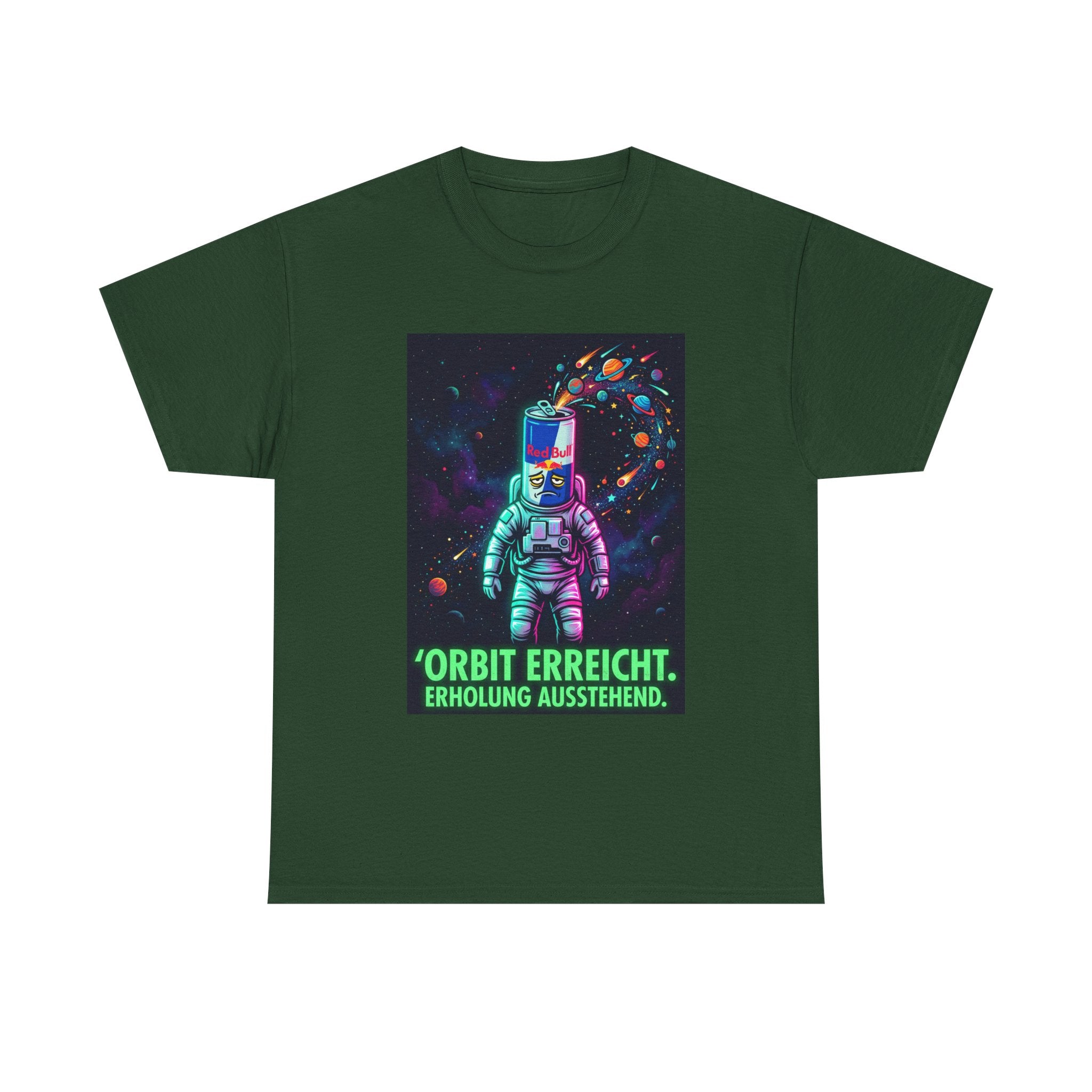 Astronaut Graphic Tee — “Orbit erreicht. Erholung ausstehend.” Neon Space Shirt