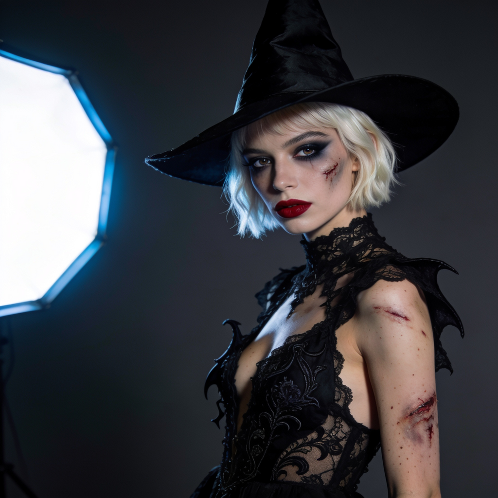 Gothic witch T-shirt with artistic witch portrait and dark Halloween design