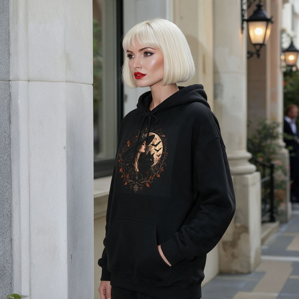 Model with short platinum-blonde hair wearing a black hoodie with drawstring hood and kangaroo pocket. The chest features a gothic autumnal print: a long-haired woman with a black cat under a full moon, framed by fall leaves, branches, and bat silhouettes, with a pentagram at the bottom. 