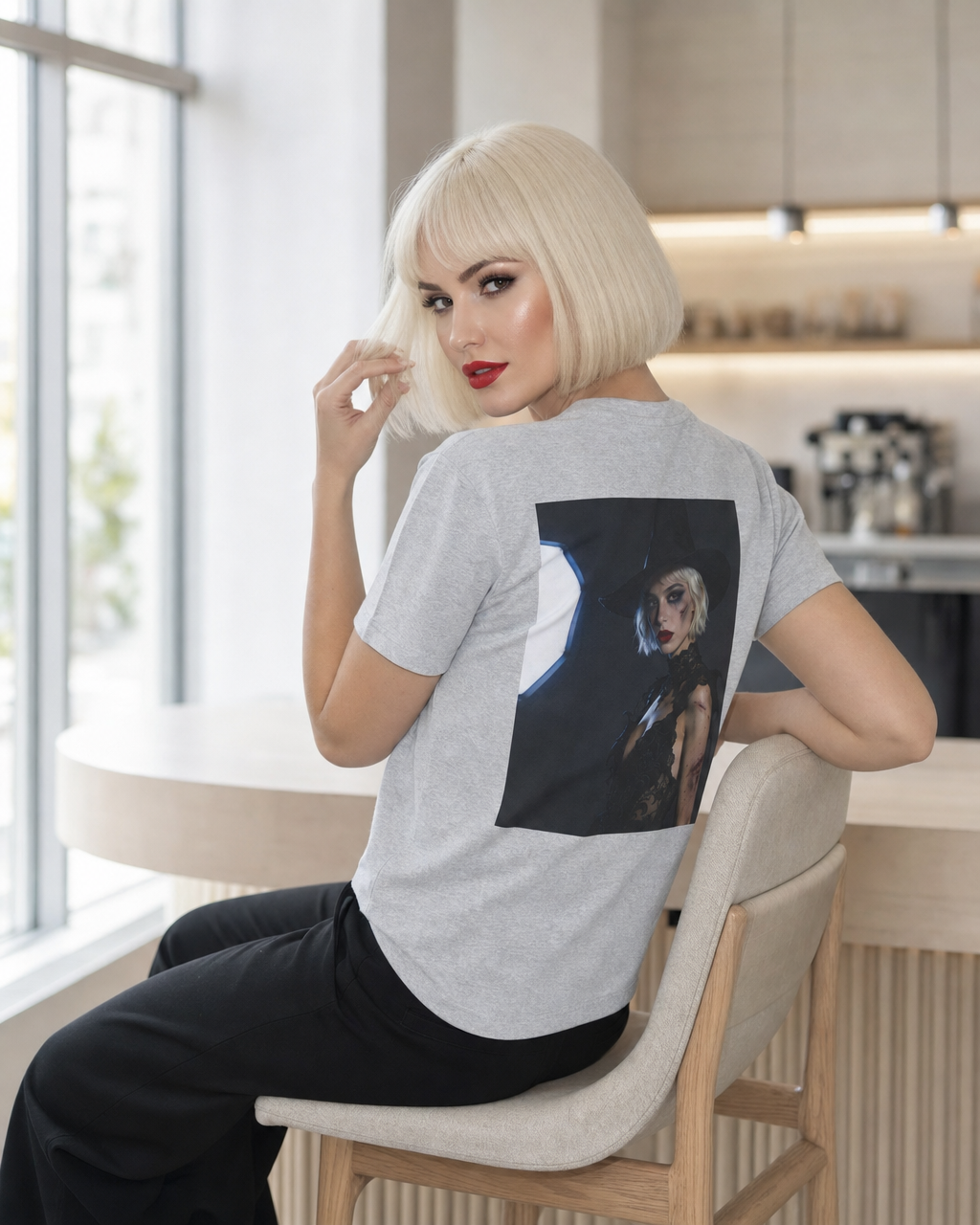 Gothic witch T-shirt with artistic witch portrait and dark Halloween design
