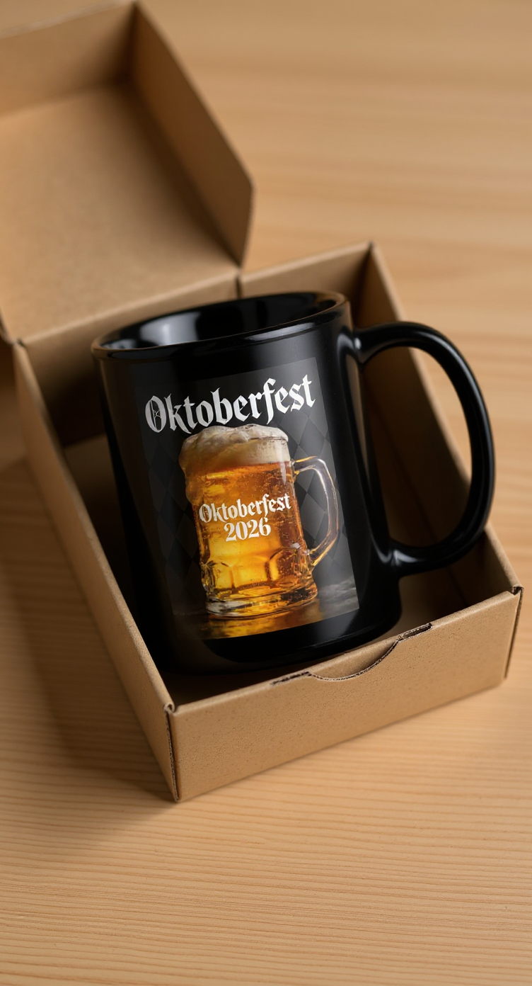 Oktoberfest 2026 Tasse – Schwarze Kaffeetasse mit Biermotiv