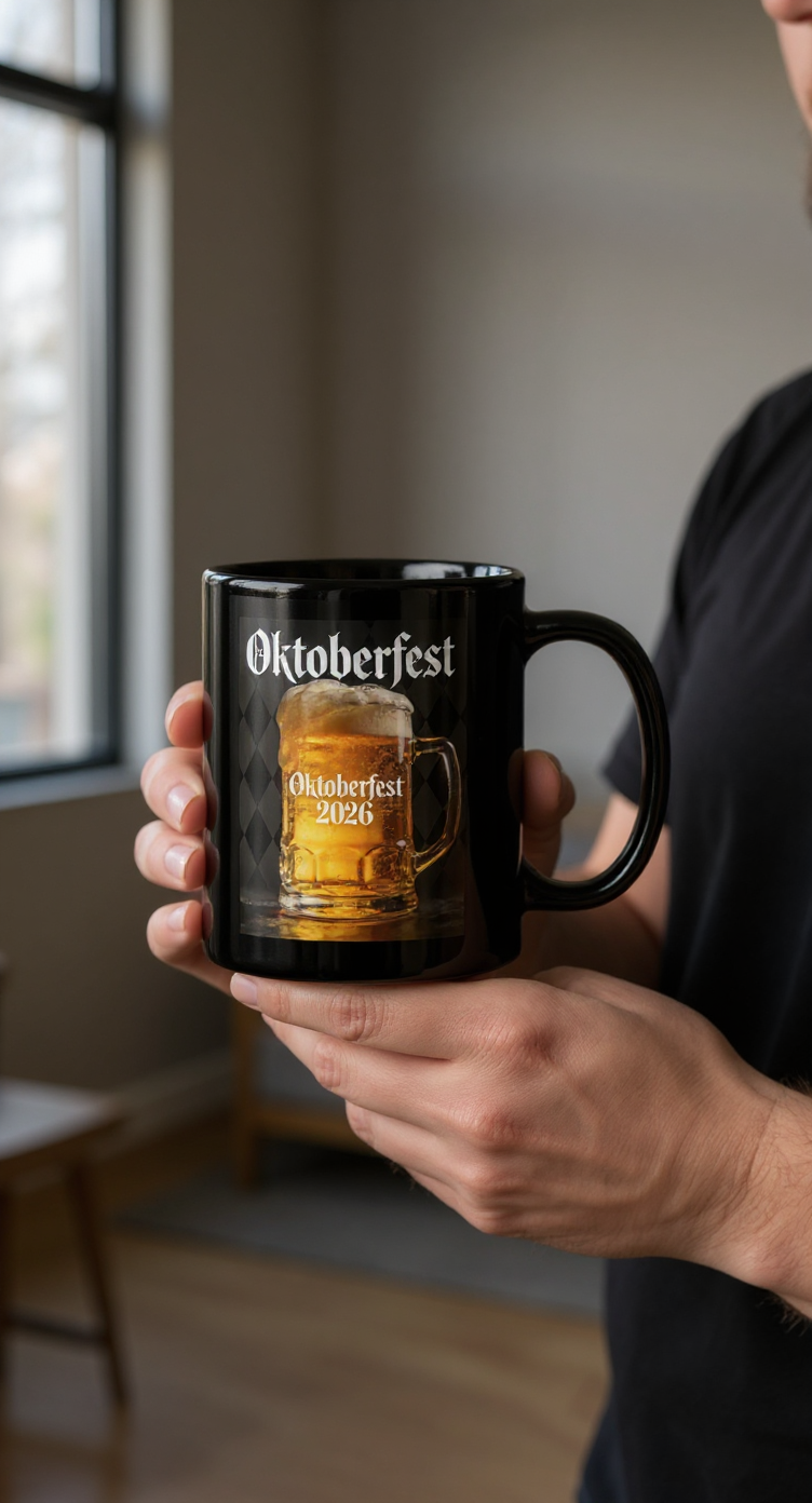 Oktoberfest 2026 Tasse – Schwarze Kaffeetasse mit Biermotiv