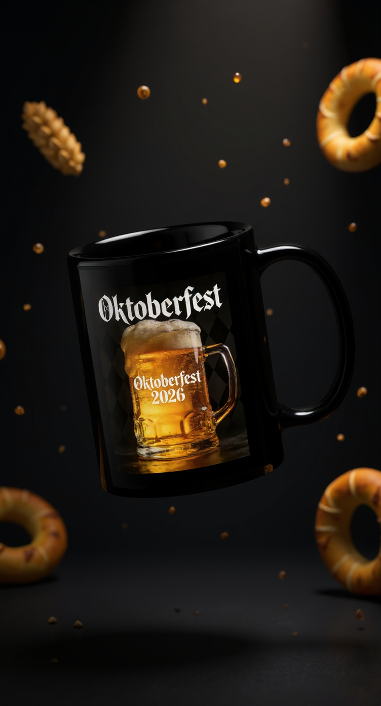 Oktoberfest 2026 Tasse – Schwarze Kaffeetasse mit Biermotiv