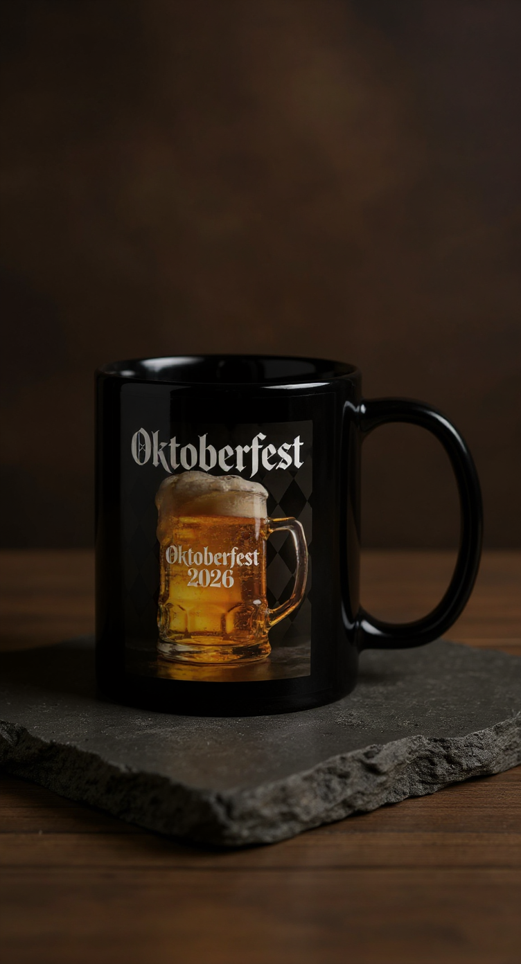 Oktoberfest 2026 Tasse – Schwarze Kaffeetasse mit Biermotiv