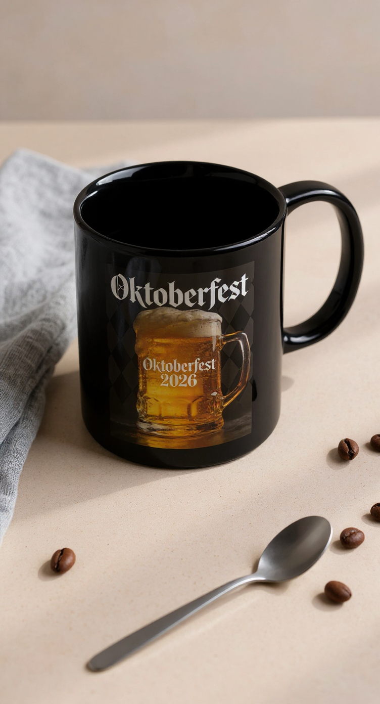 Oktoberfest 2026 Tasse – Schwarze Kaffeetasse mit Biermotiv